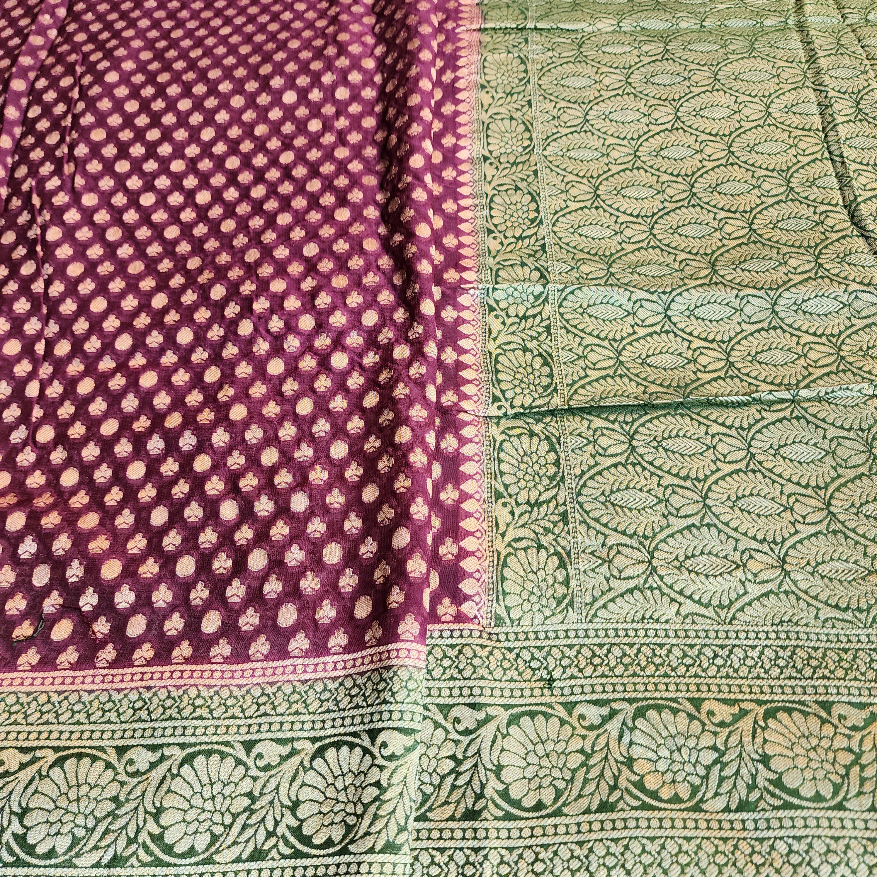 Purple Khaddi Georgette Pure Banarasi Saree with Green Border