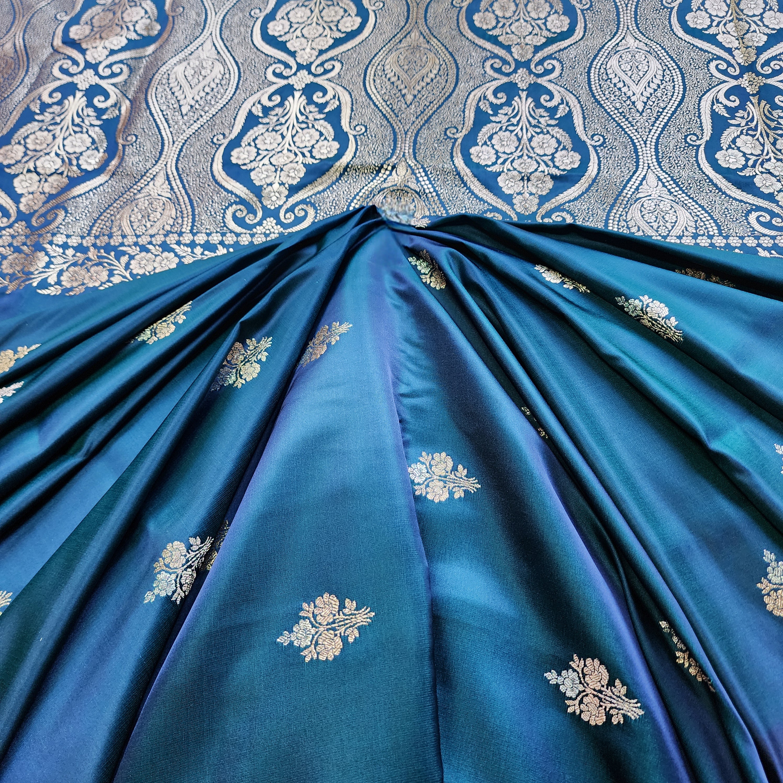 Dual-Tone Peacock Blue Pure Banarasi Katan Silk Saree