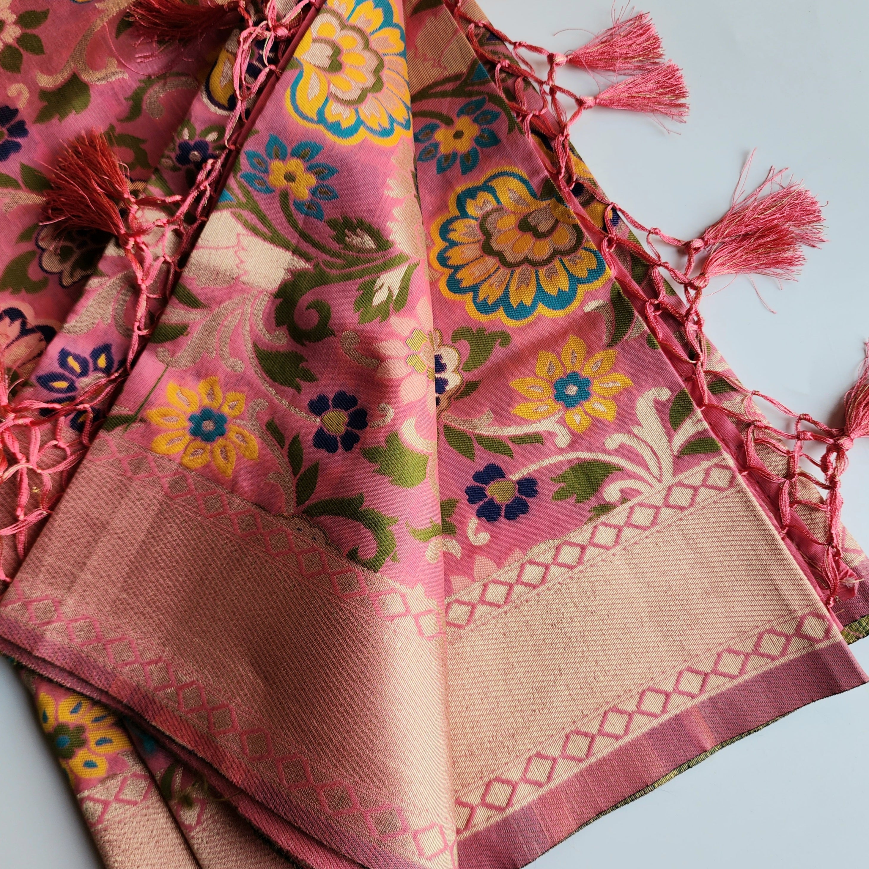 Banarasi Silk Coral Dupatta with Multicolor & Gold Floral Handweaving