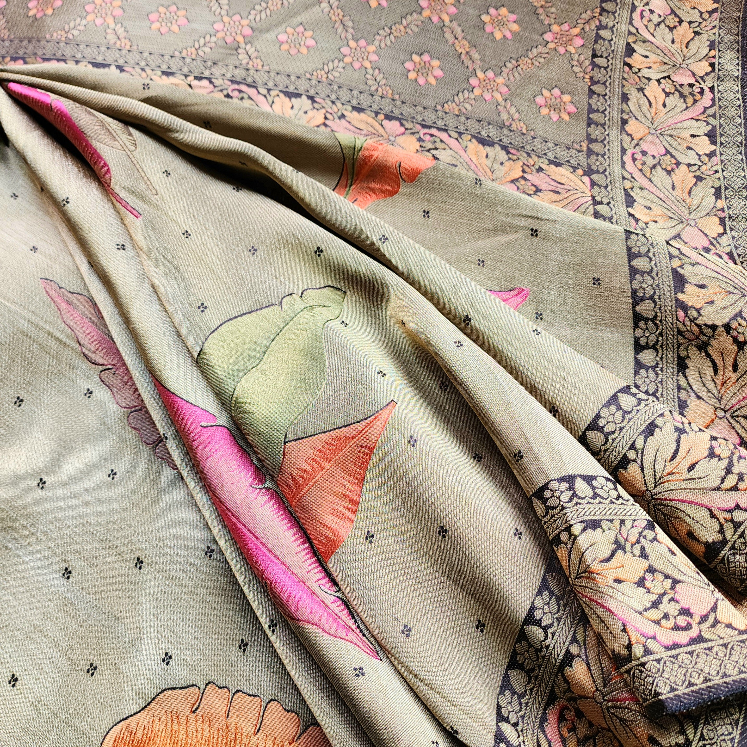 Dove Grey Tissue Silk Saree with Artistic Leaf Motifs