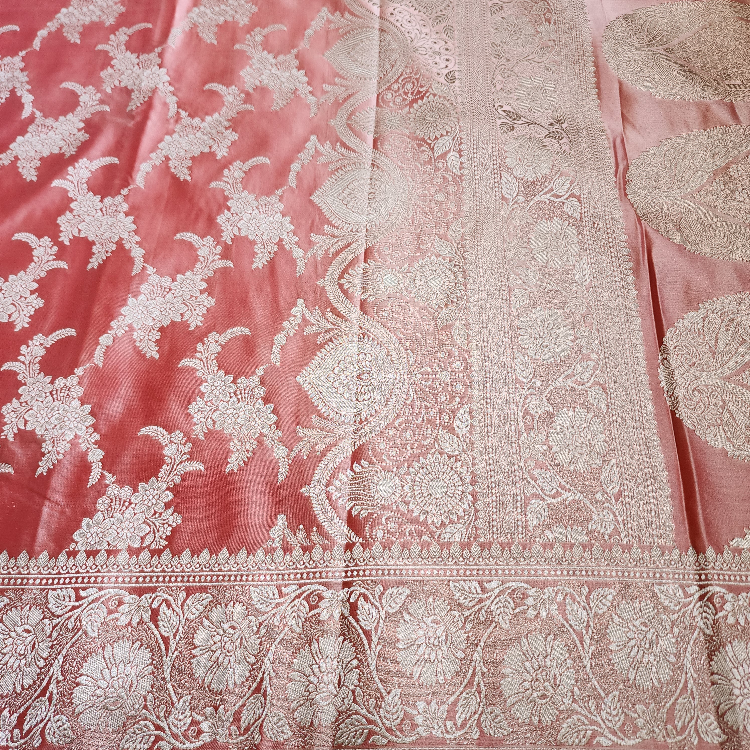 Blush Coral Banarasi Katan Silk Saree with Floral Vine Jaal