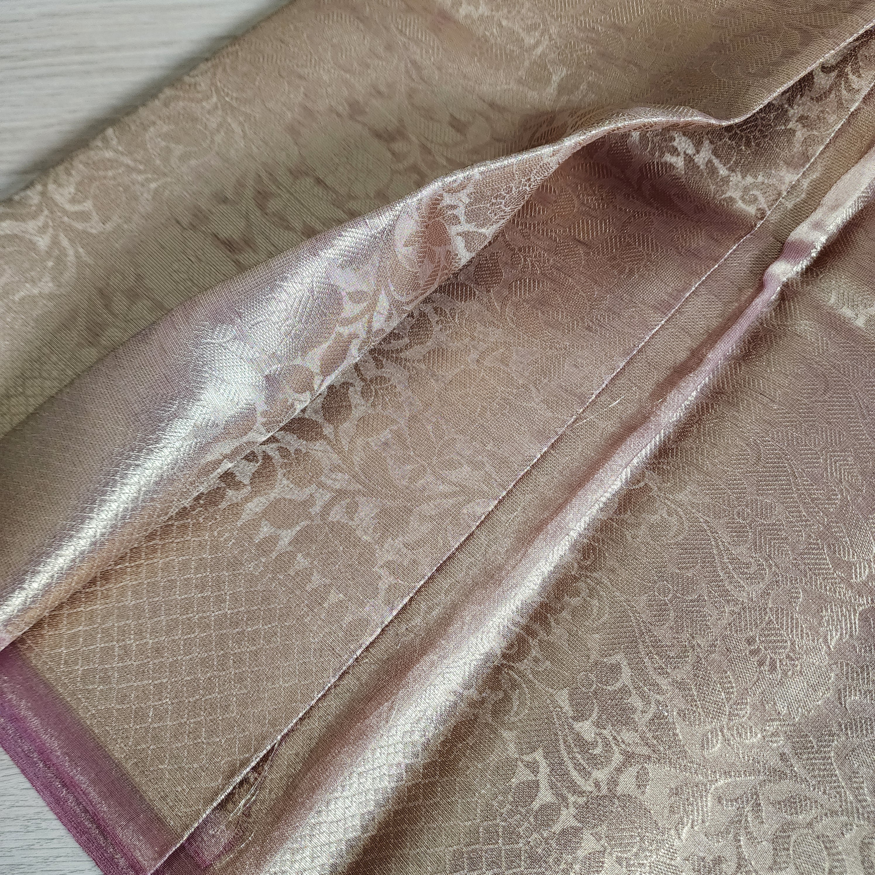Temple Gold Kanjivaram Style Tissue Silk with Blush Pink Border