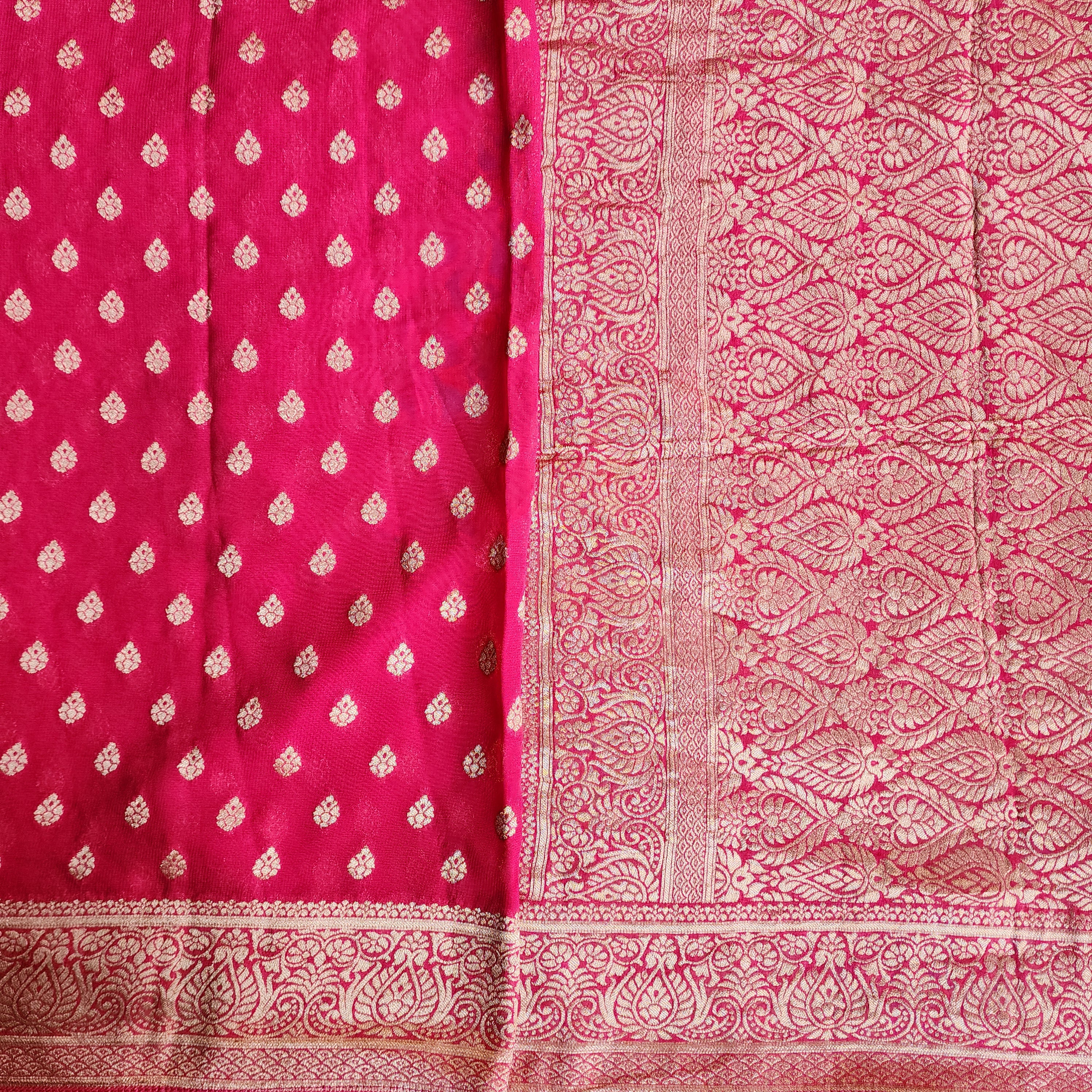 Radish Pink Khaddi Georgette Pure Banarasi Saree with Golden Zari