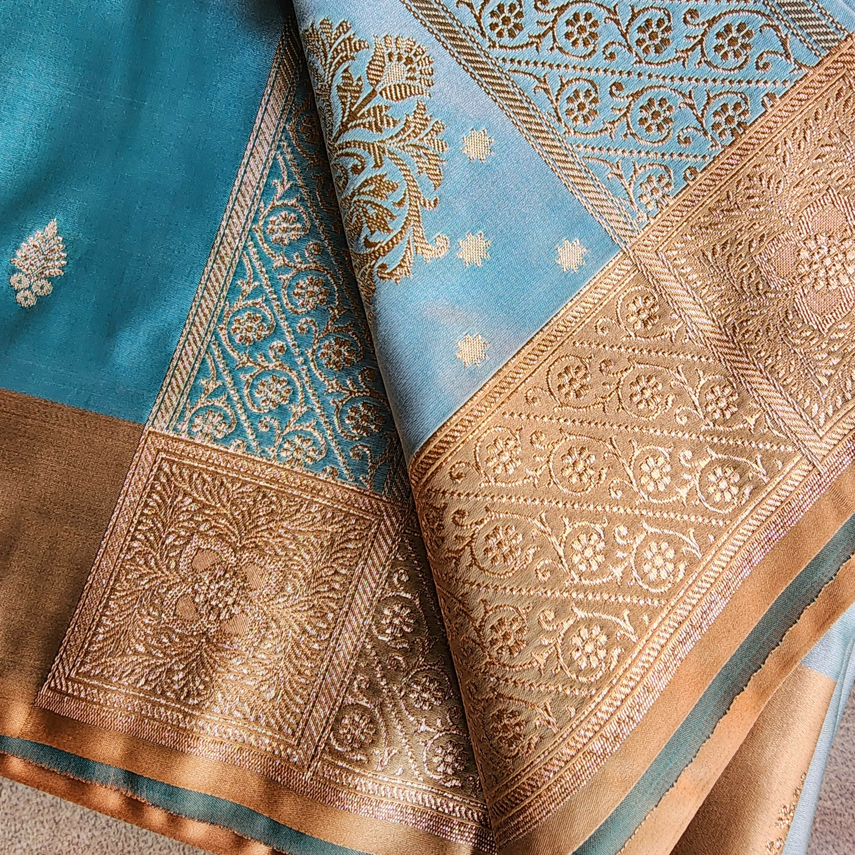 Blue Katan Silk Saree with Beige Gold Zari Border