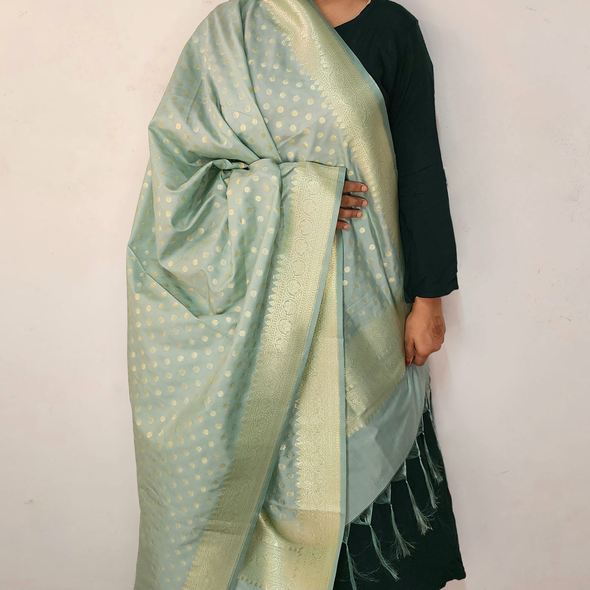 Aqua Blue Banarasi Silk Dupatta with Gold Polka Dot