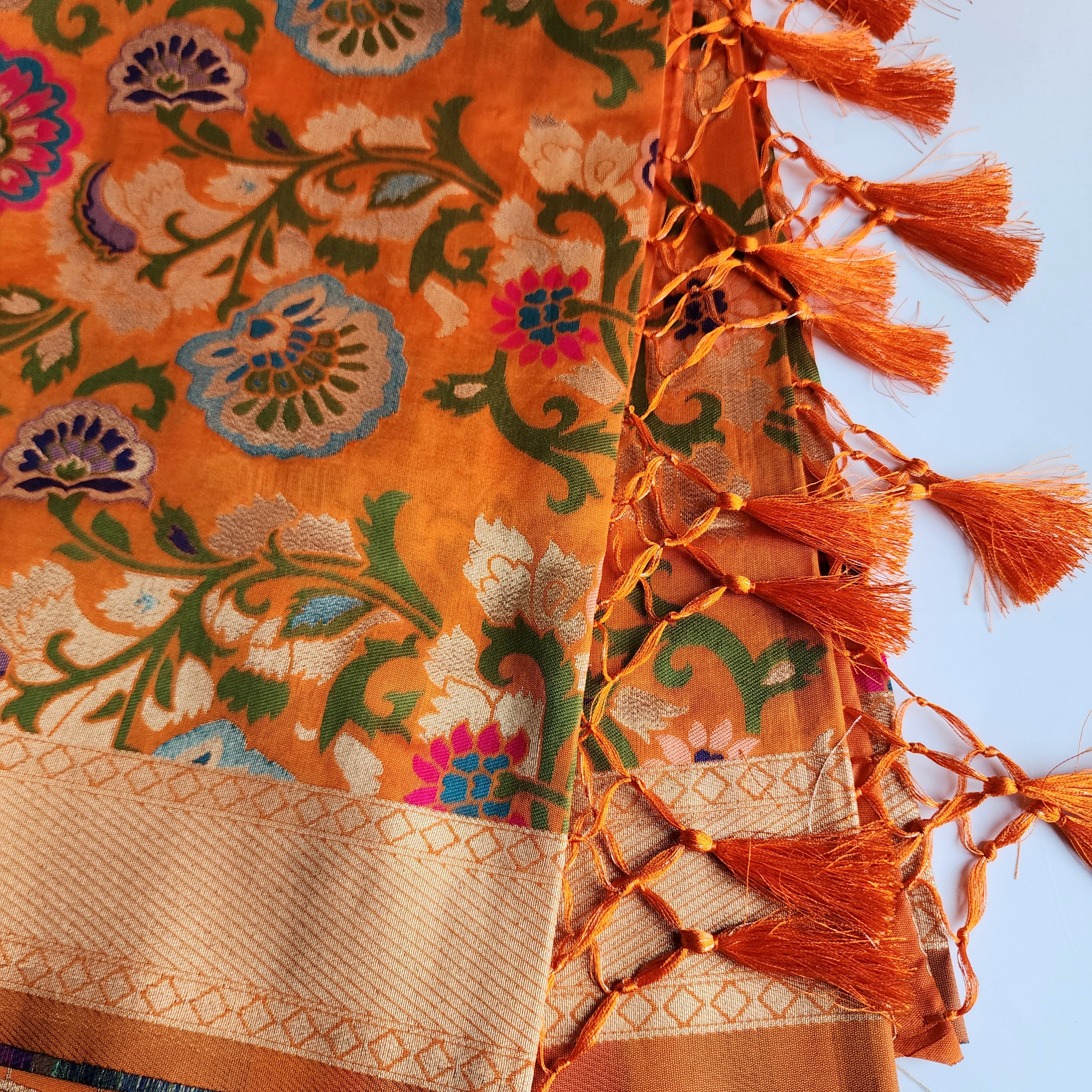 Banarasi Silk Orange Dupatta with Multicolor & Gold Floral Handweaving