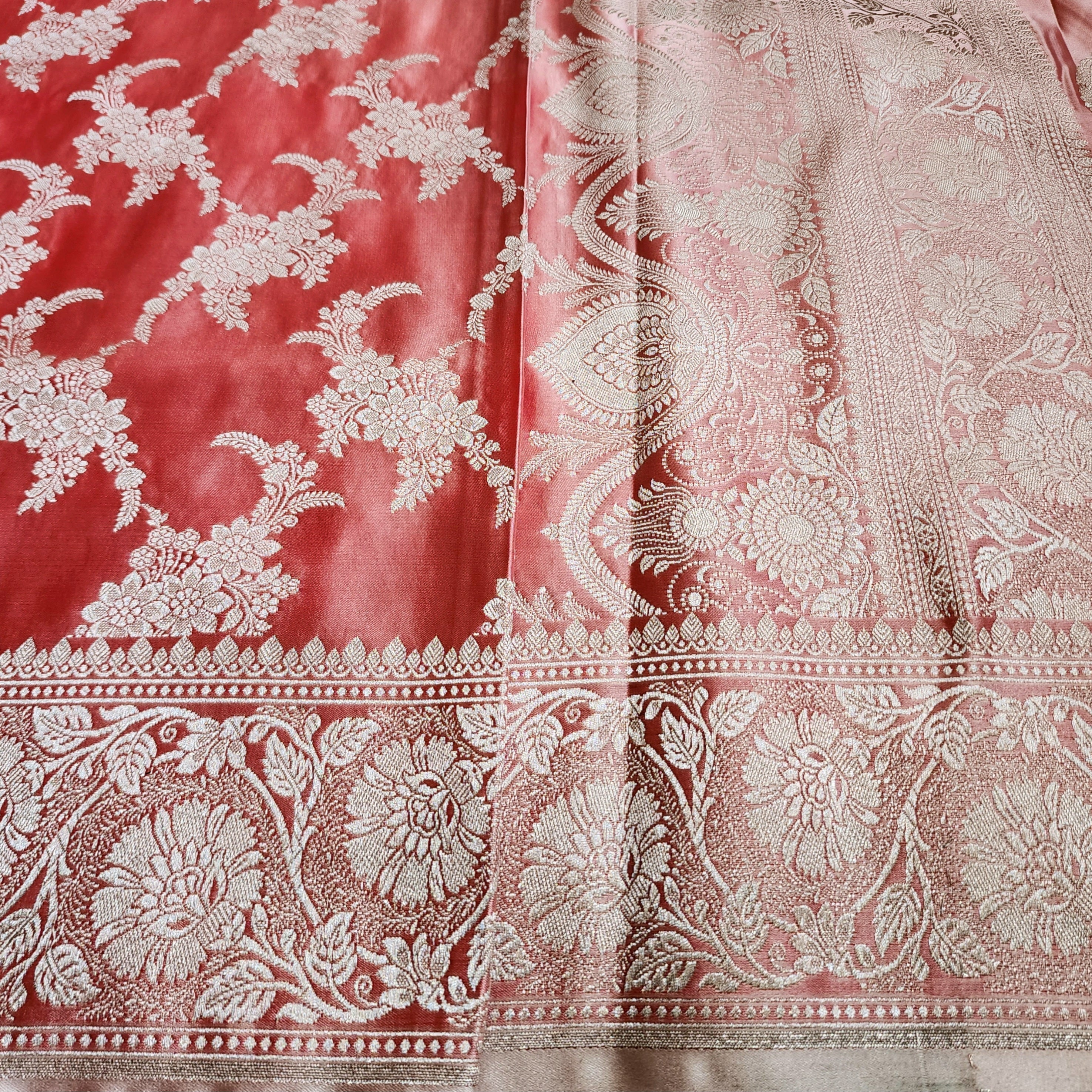Blush Coral Banarasi Katan Silk Saree with Floral Vine Jaal