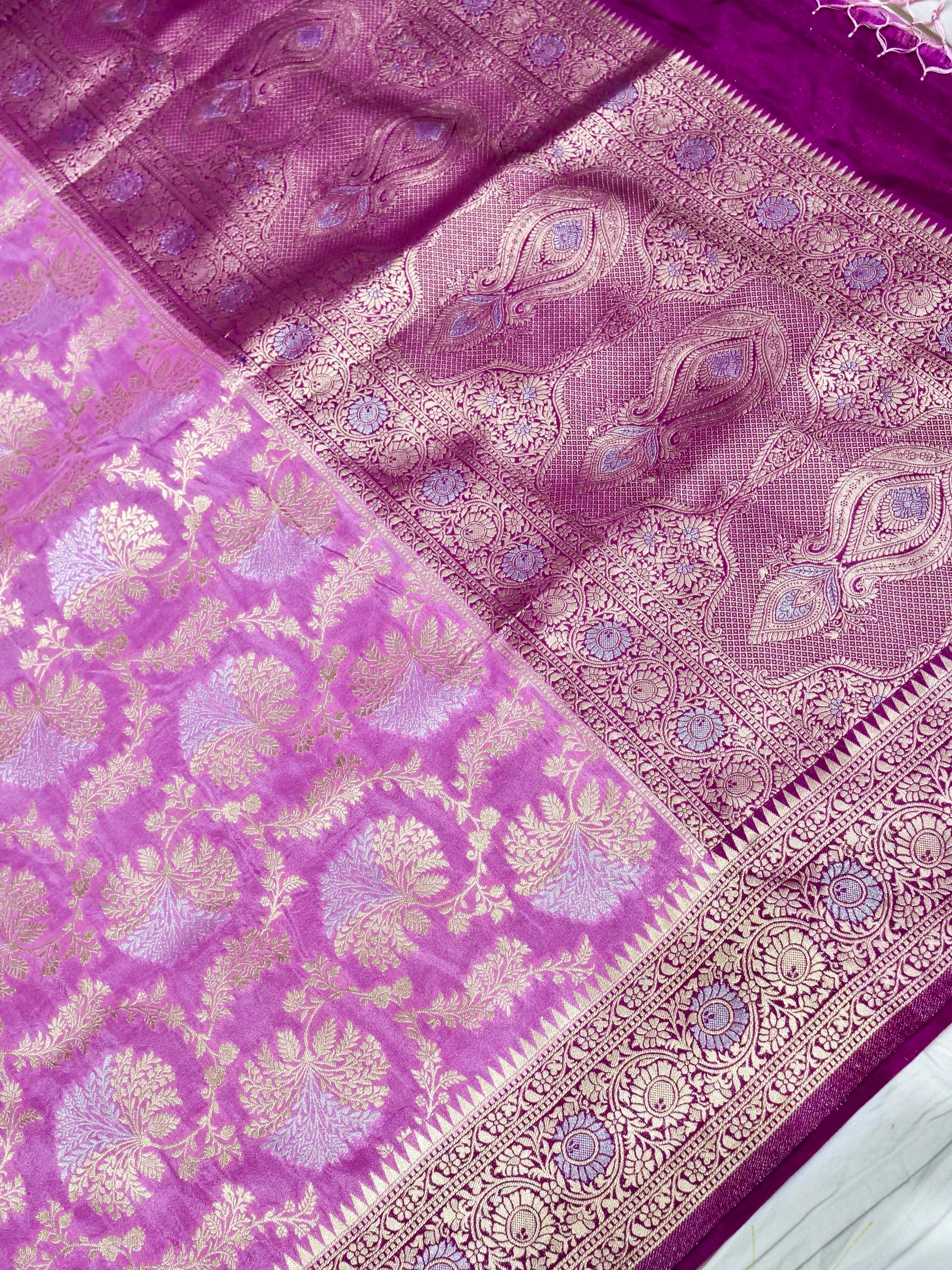 Lilac Pink Crepe Georgette Silk Saree with Deep Plum and Champagne Gold Border