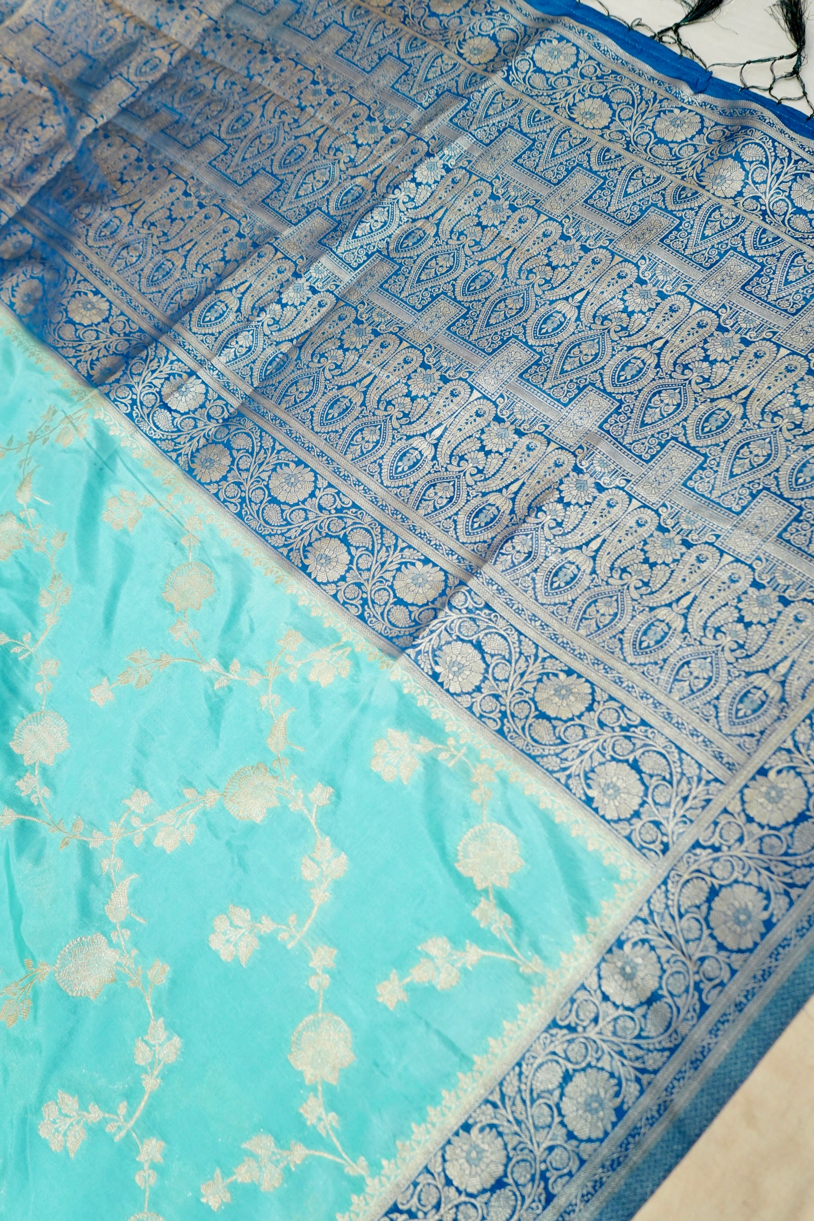 Light Blue Crepe Chiffon Saree with Dark Blue Border
