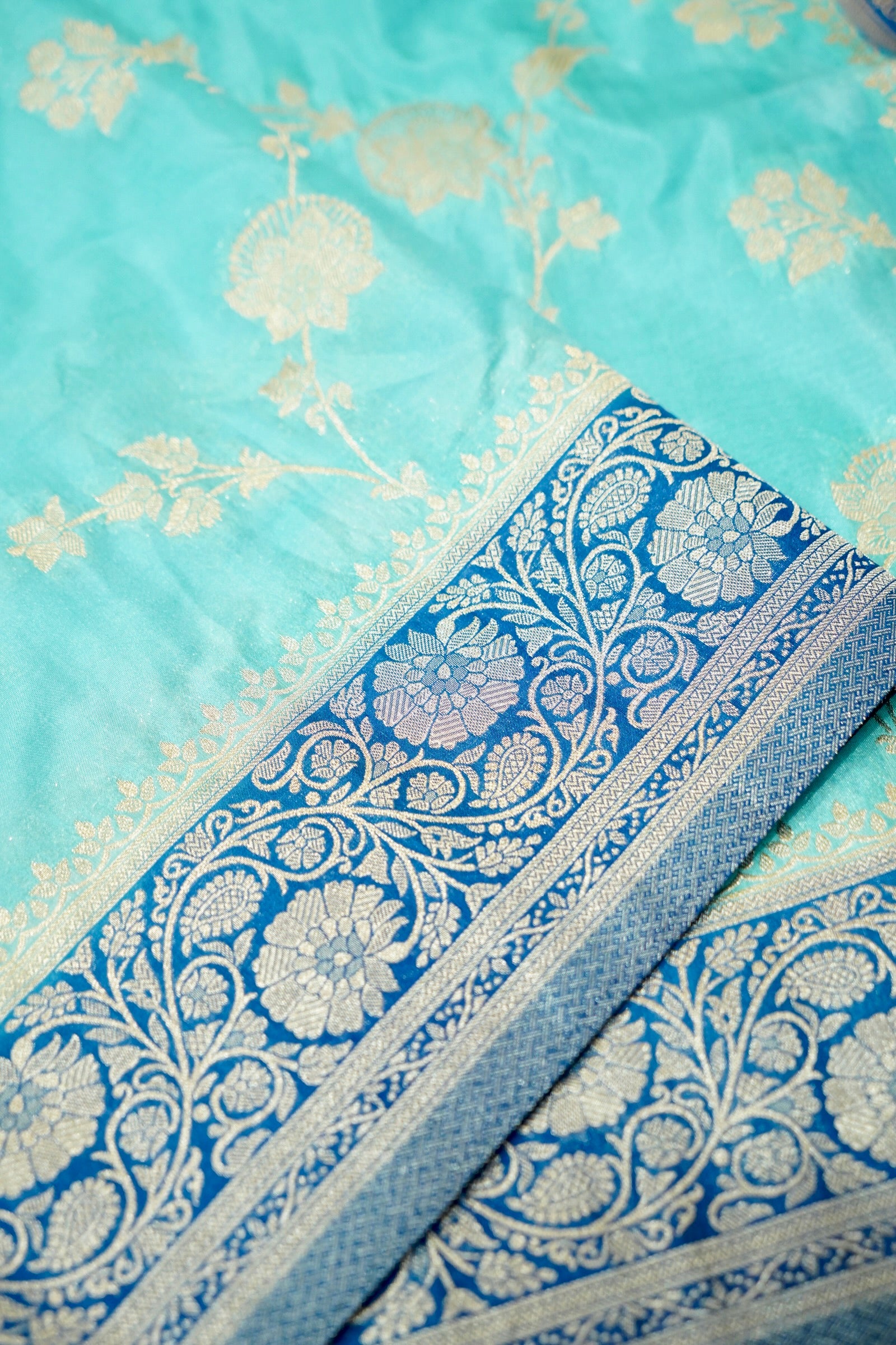 Light Blue Crepe Chiffon Saree with Dark Blue Border