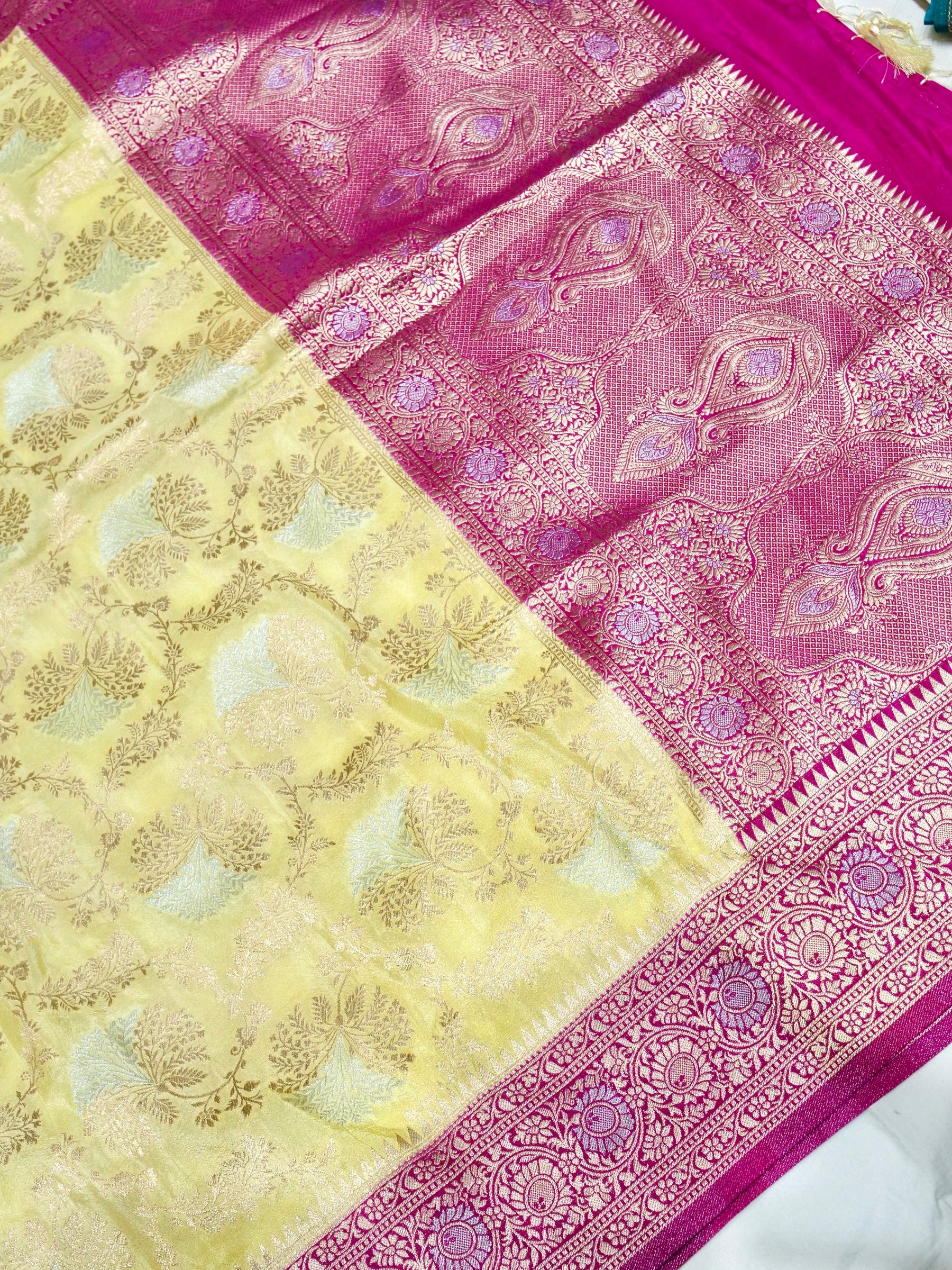 Lemon Yellow Crepe Georgette Silk Saree with Fuchsia Pink and Champagne Gold Border