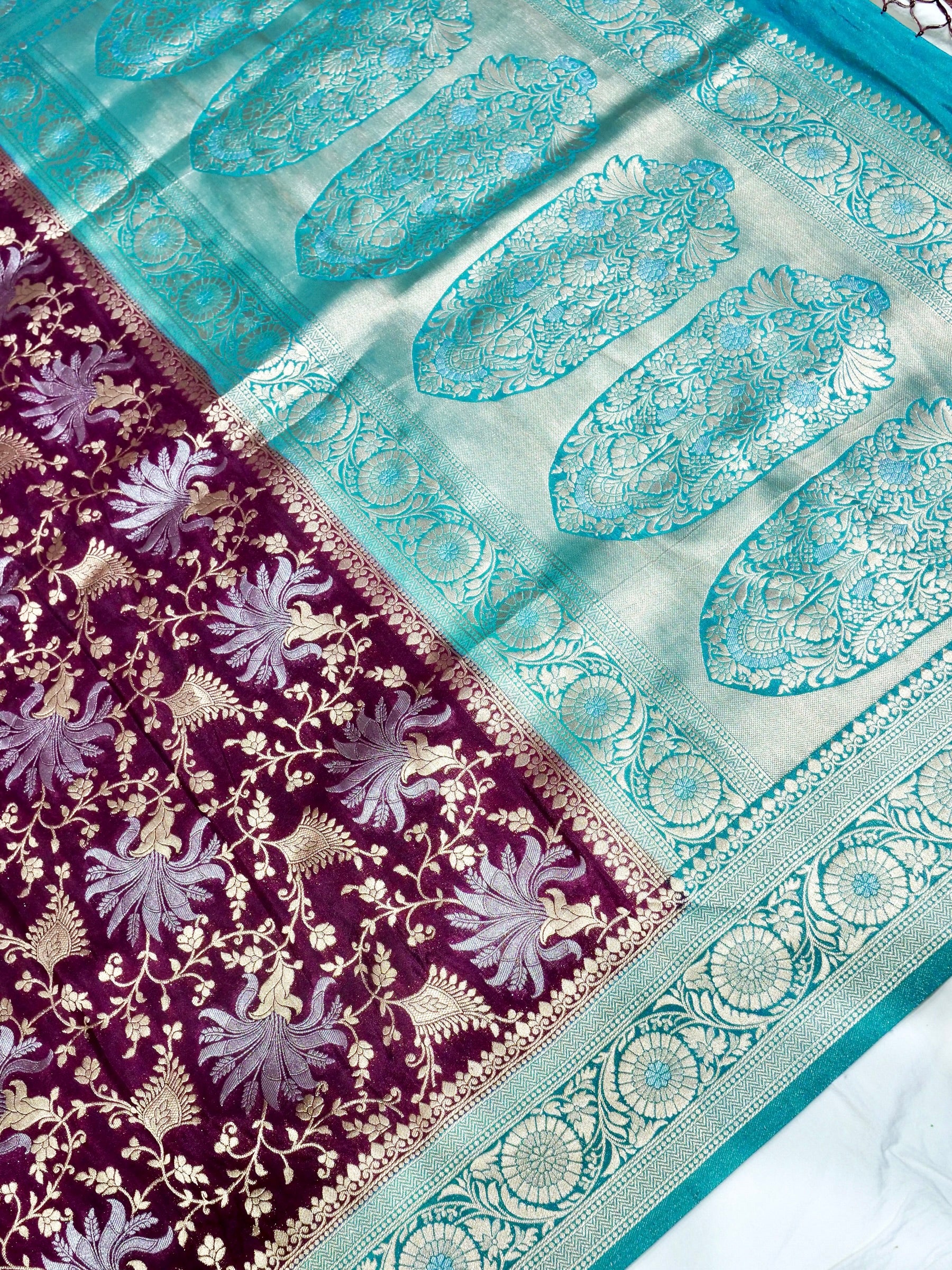 Mulberry Purple Crepe Georgette Silk Saree with Turquoise Blue Border