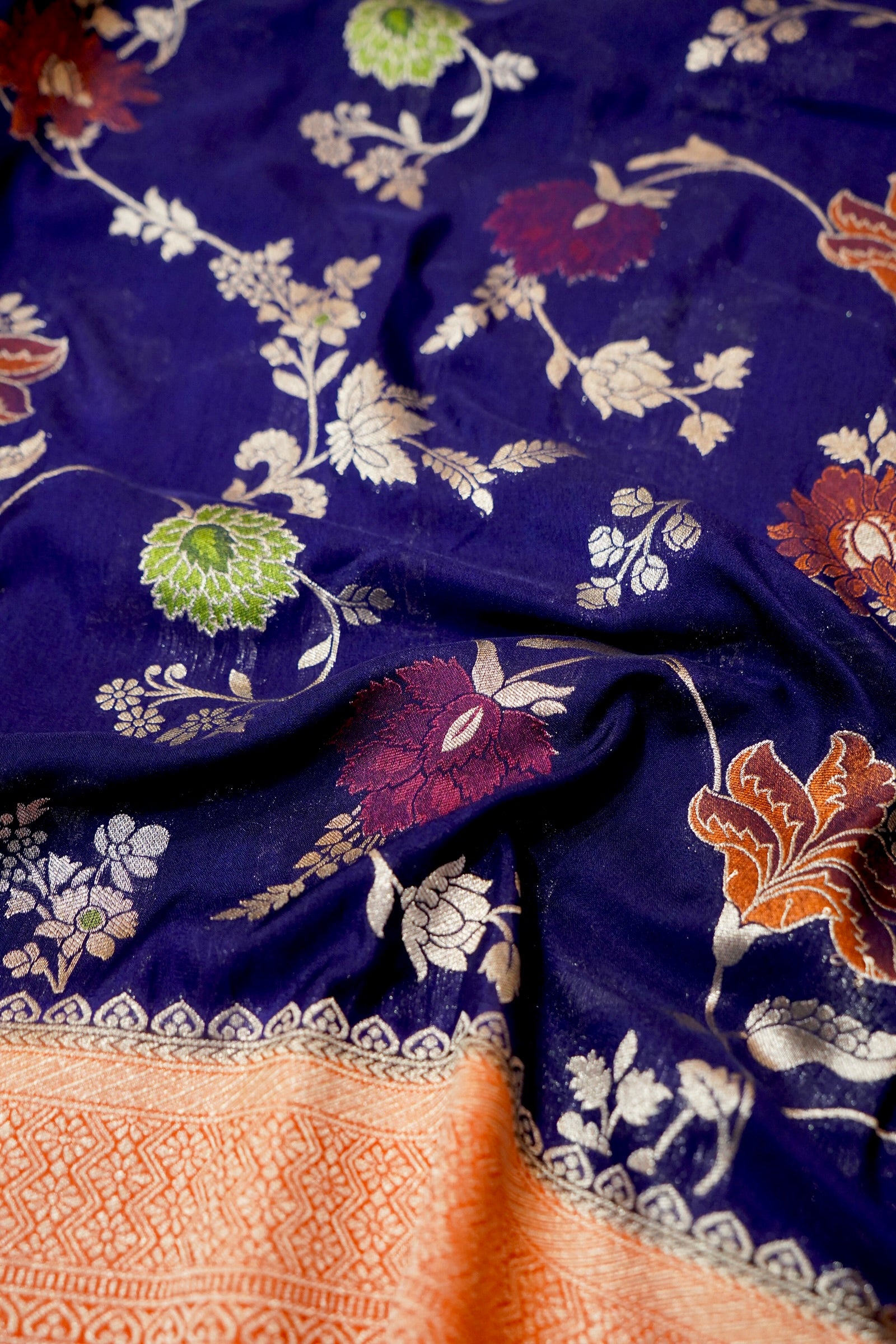 Royal Blue Crepe Georgette Silk Saree with Orange and Gold Zari Border