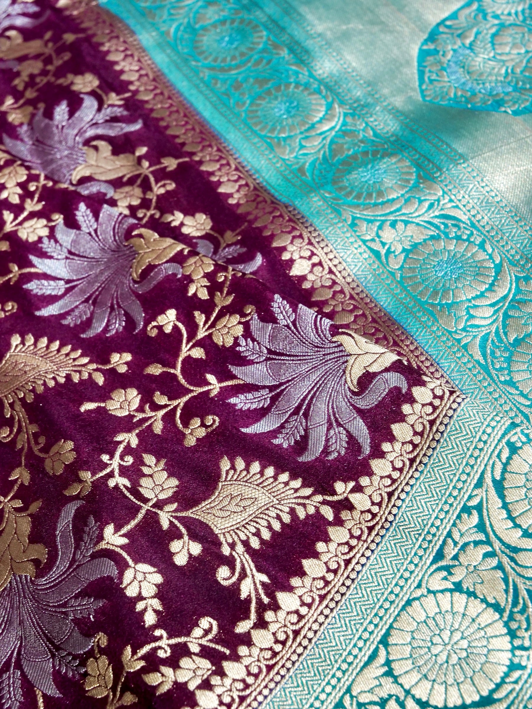 Mulberry Purple Crepe Georgette Silk Saree with Turquoise Blue Border