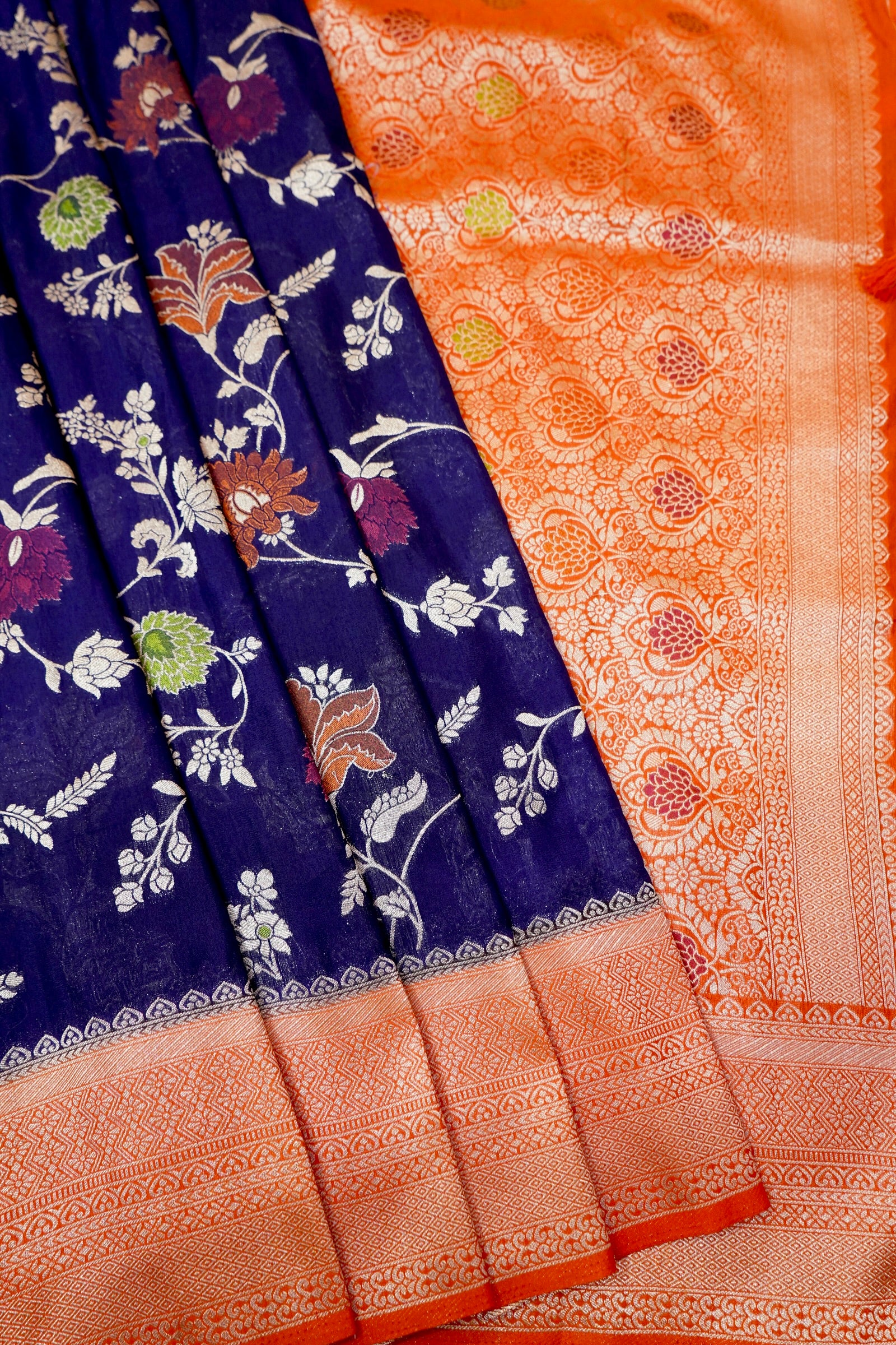 Royal Blue Crepe Georgette Silk Saree with Orange and Gold Zari Border