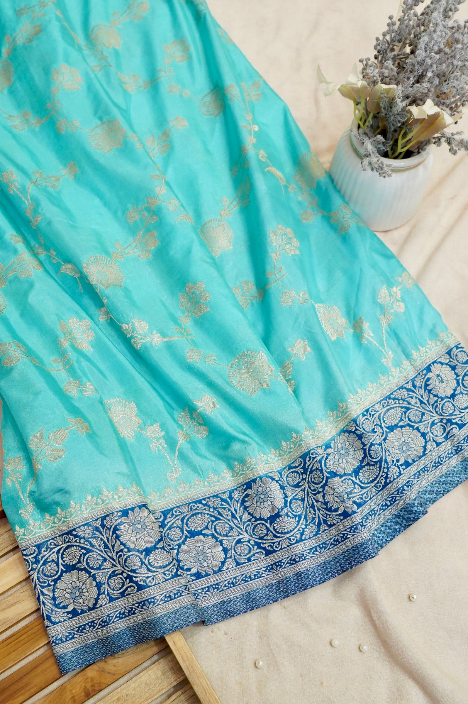 Light Blue Crepe Chiffon Saree with Dark Blue Border