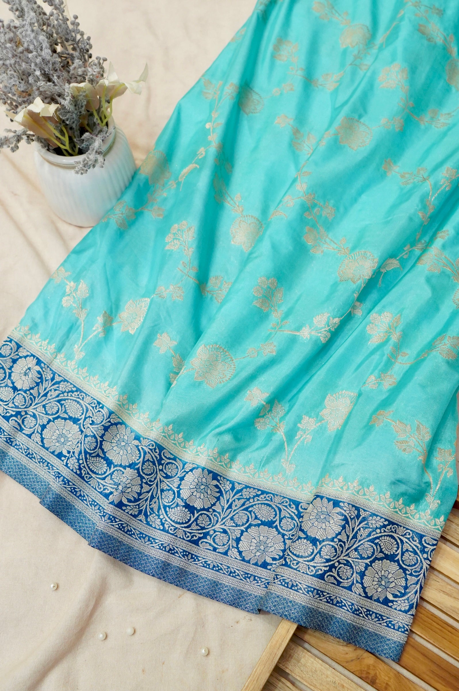 Light Blue Crepe Chiffon Saree with Dark Blue Border