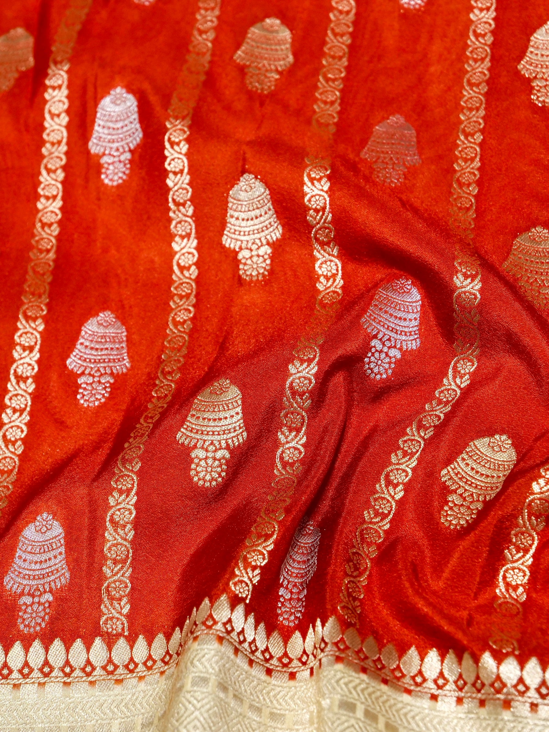 Vermilion Red Crepe Georgette Silk Saree with Ivory Gold Border