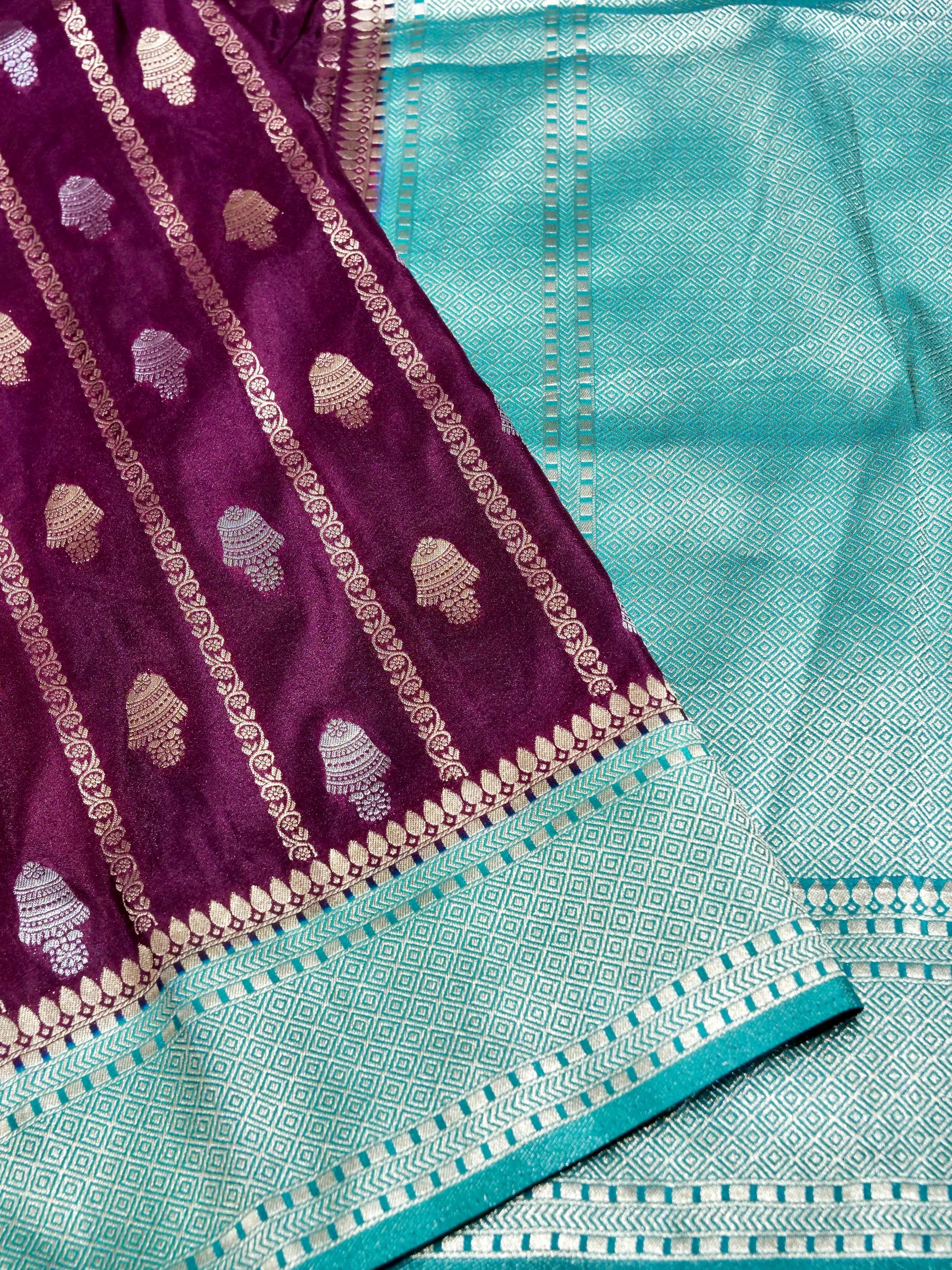Wine Purple Crepe Georgette Silk Saree with Aqua Blue Border