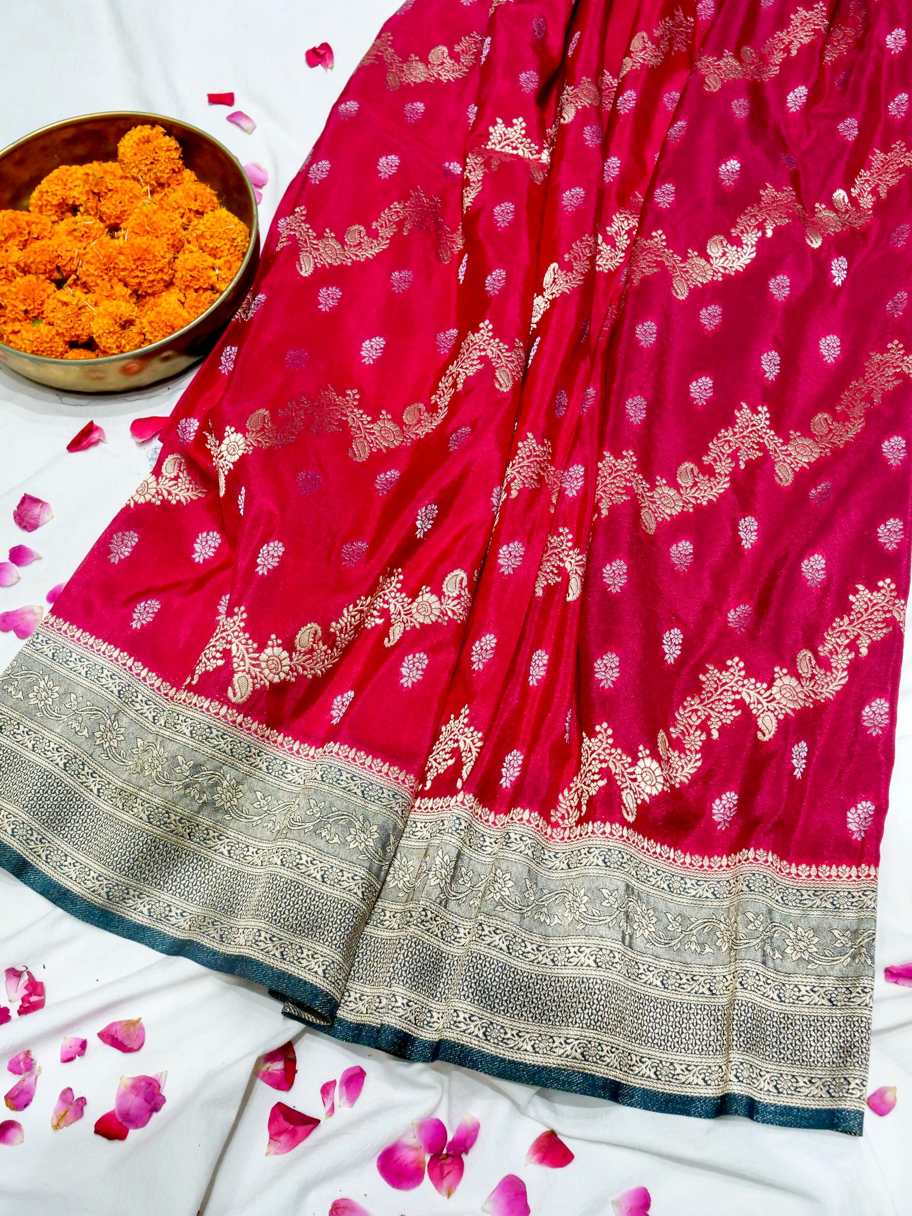 Rani Pink Crepe Georgette Silk Saree with Champagne Gold Border