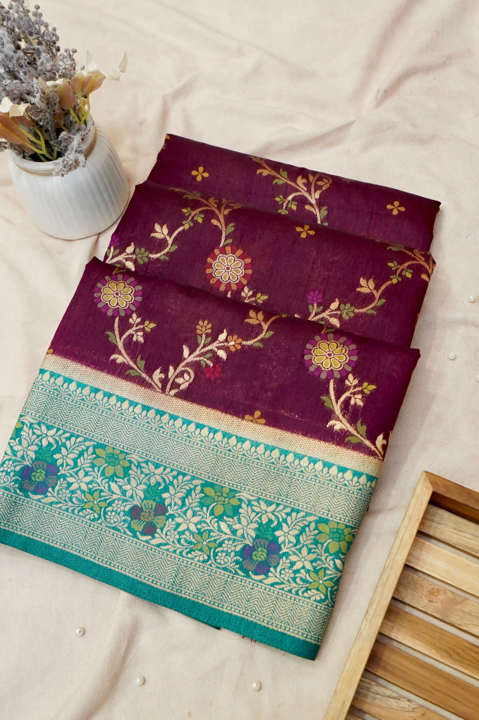 Wine Purple Dupion Patola Saree with Mint Green Border & Delicate Gold Zari Motifs