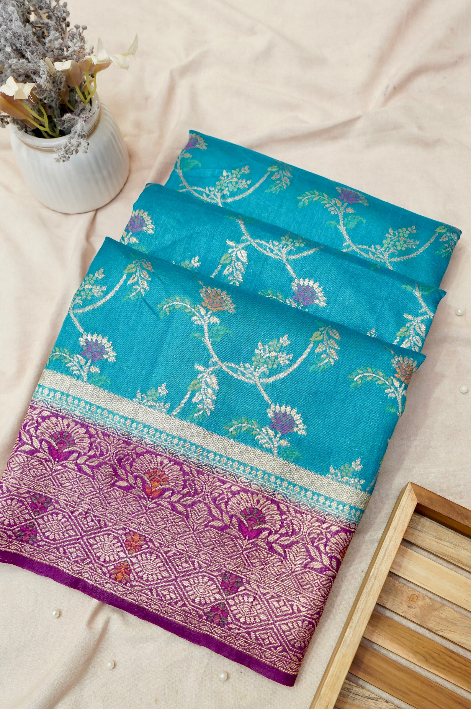 Turquoise Blue Dupion Patola Saree with Antique Gold Zari Floral Weave