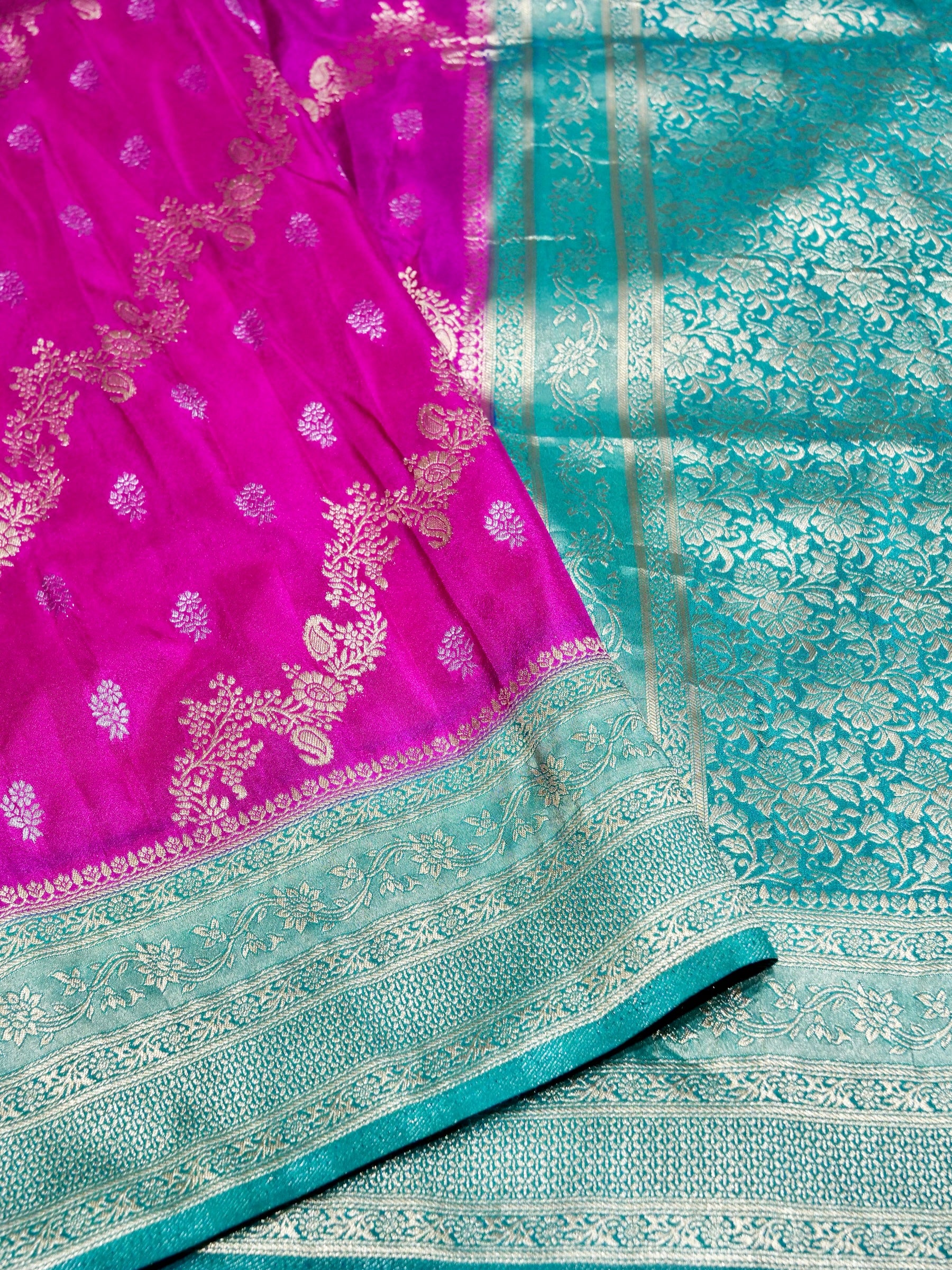 Electric Fuchsia Pink Crepe Georgette Silk Saree with Turquoise Blue Border