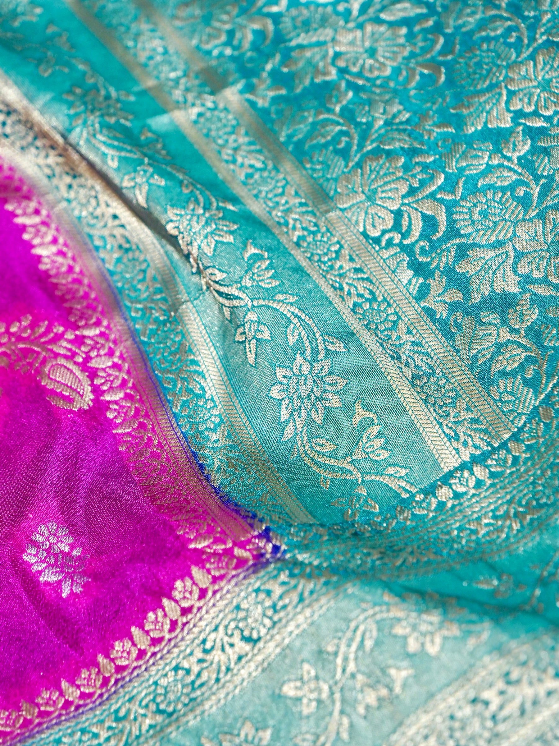 Electric Fuchsia Pink Crepe Georgette Silk Saree with Turquoise Blue Border