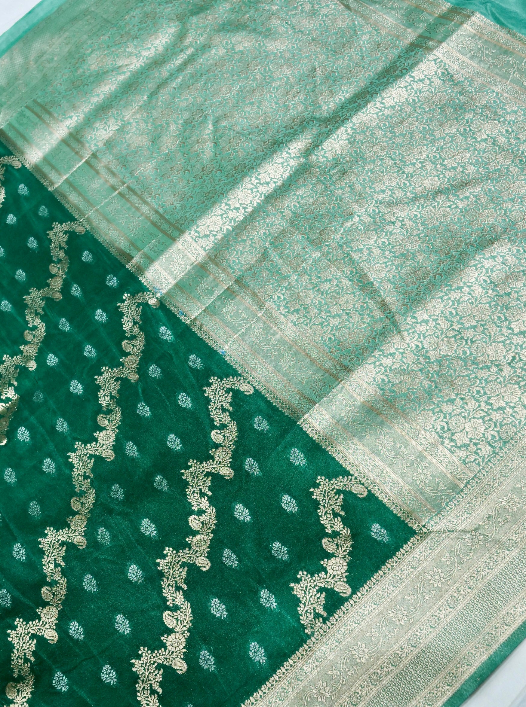 Emerald Green Crepe Georgette Silk Saree with Sea Green Border