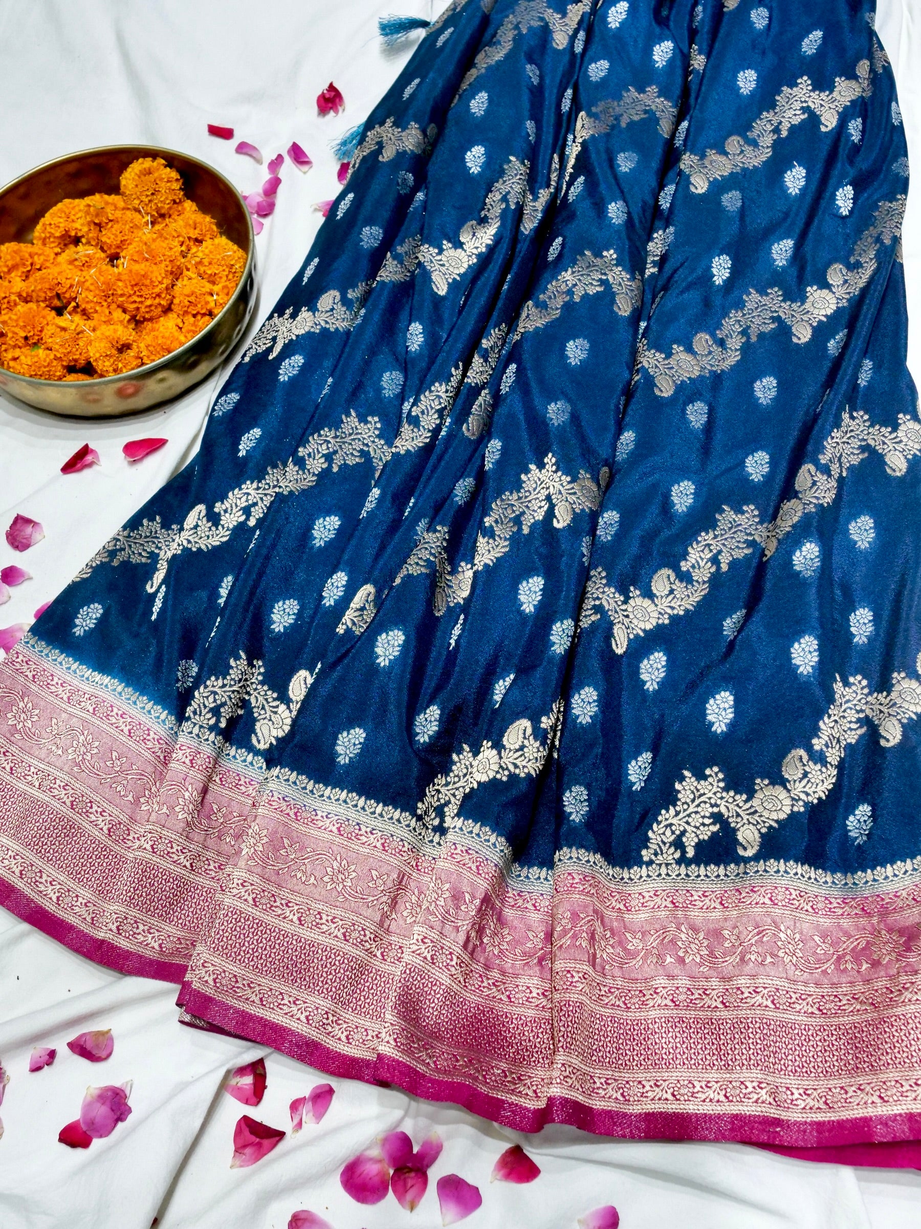 Deep Sapphire Blue Crepe Georgette Silk Saree with Hot Pink Border