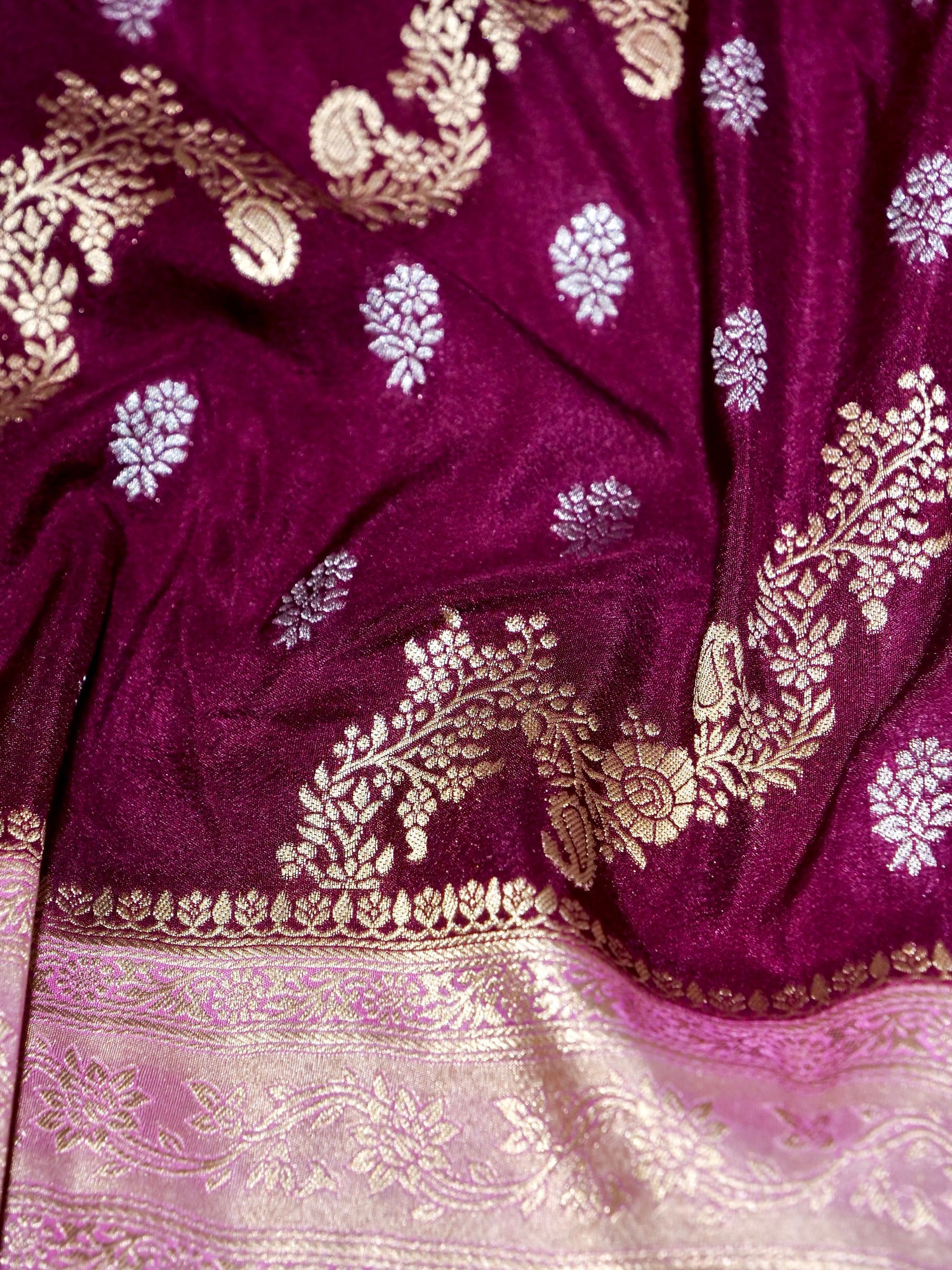 Deep Berry Plum Crepe Georgette Silk Saree with Baby Pink Border