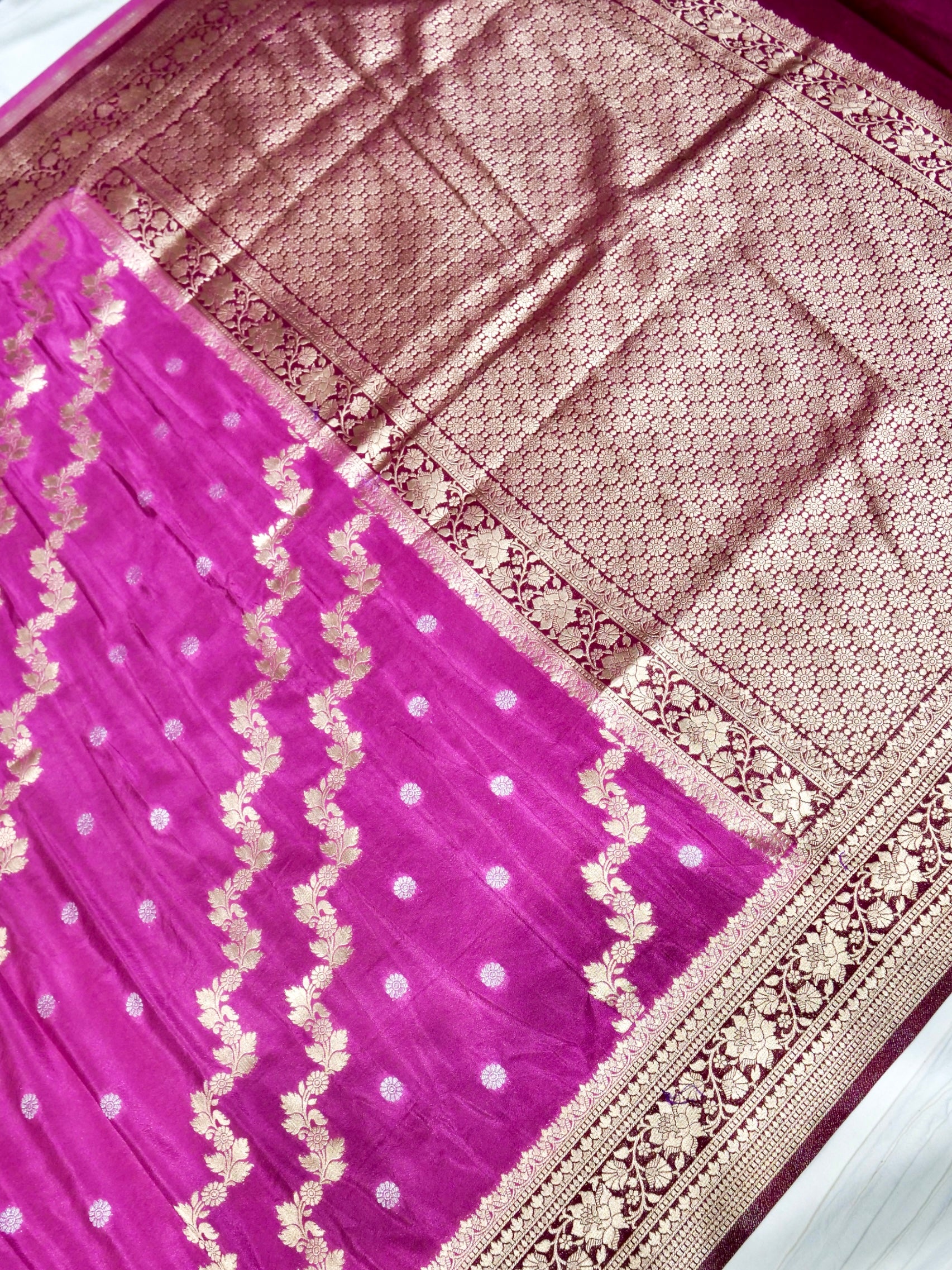 Magenta Orchid Pink Crepe Georgette Silk Saree with Wine Purple Border