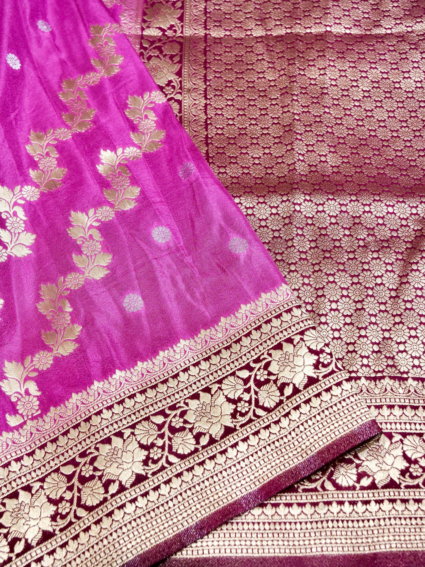 Magenta Orchid Pink Crepe Georgette Silk Saree with Wine Purple Border
