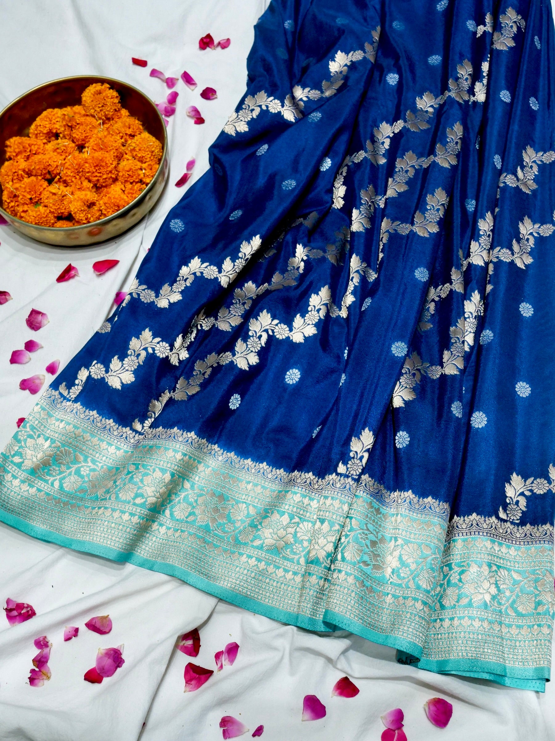 Royal Blue Crepe Georgette Silk Saree with Aqua Blue Border