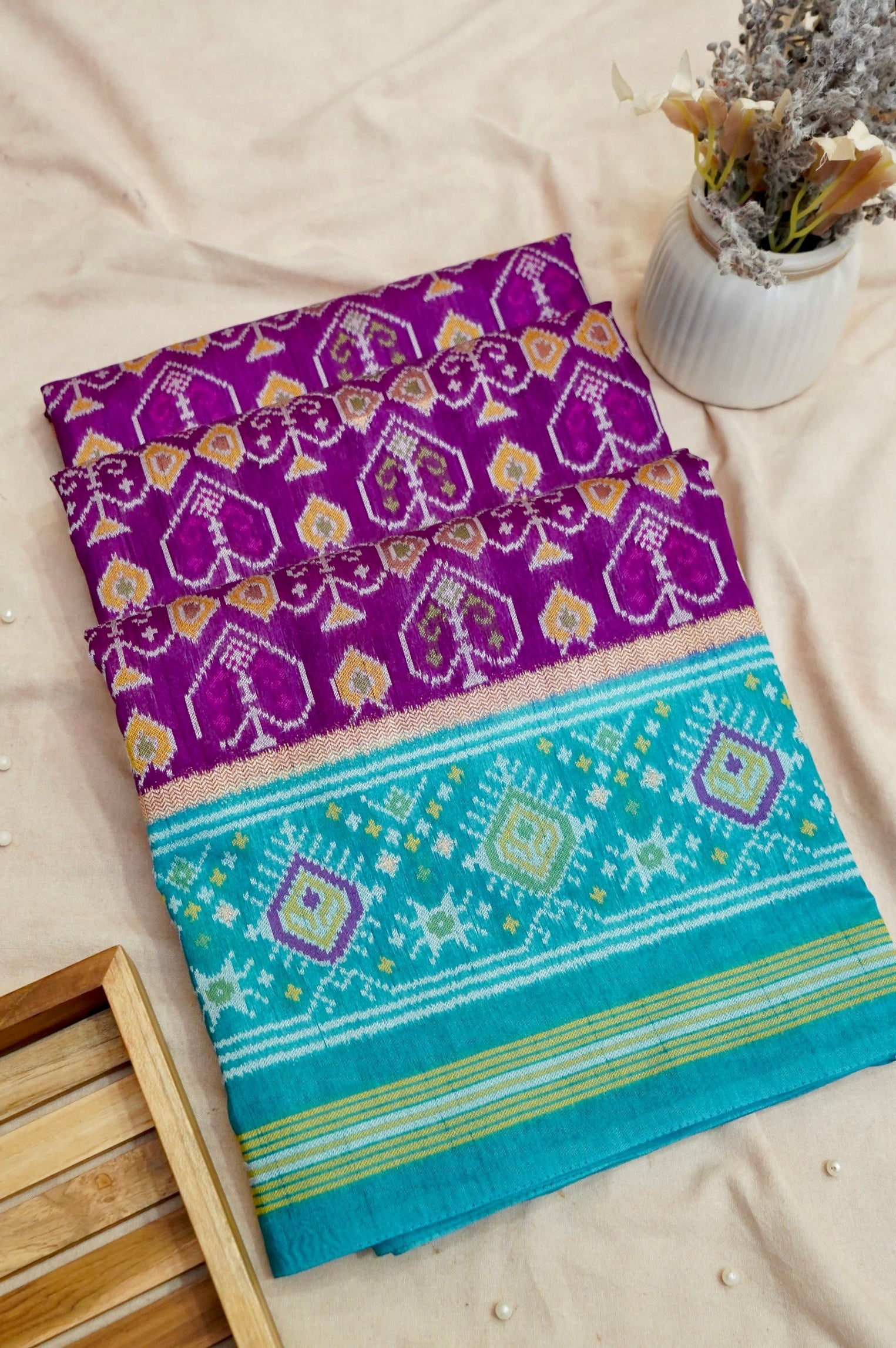 Purple Dupion Patola Saree with Teal Border & Traditional Motif Weave