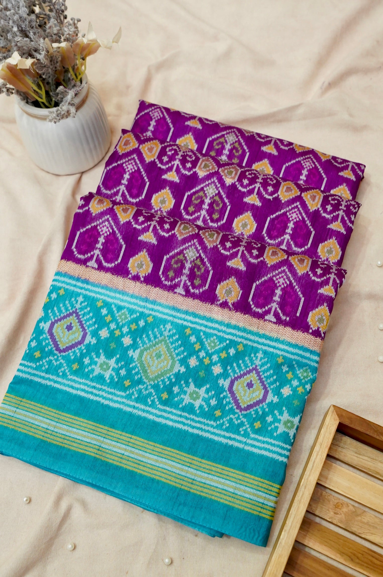 Purple Dupion Patola Saree with Teal Border & Traditional Motif Weave