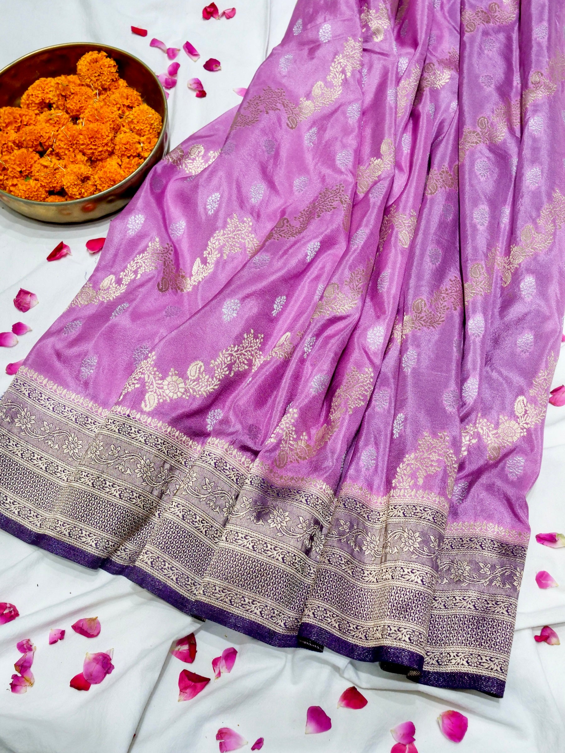 Soft Lavender Pink Crepe Georgette Silk Saree with Purple Border
