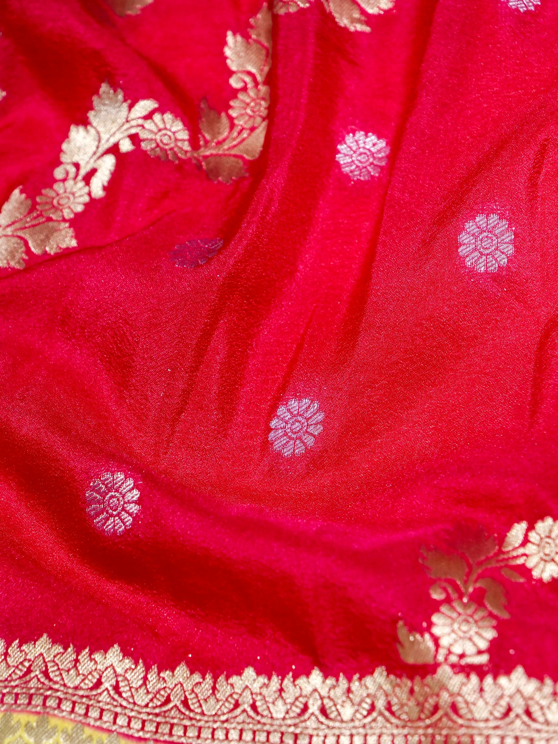Hot Pink Crepe Georgette Silk Saree with Champagne Gold Border