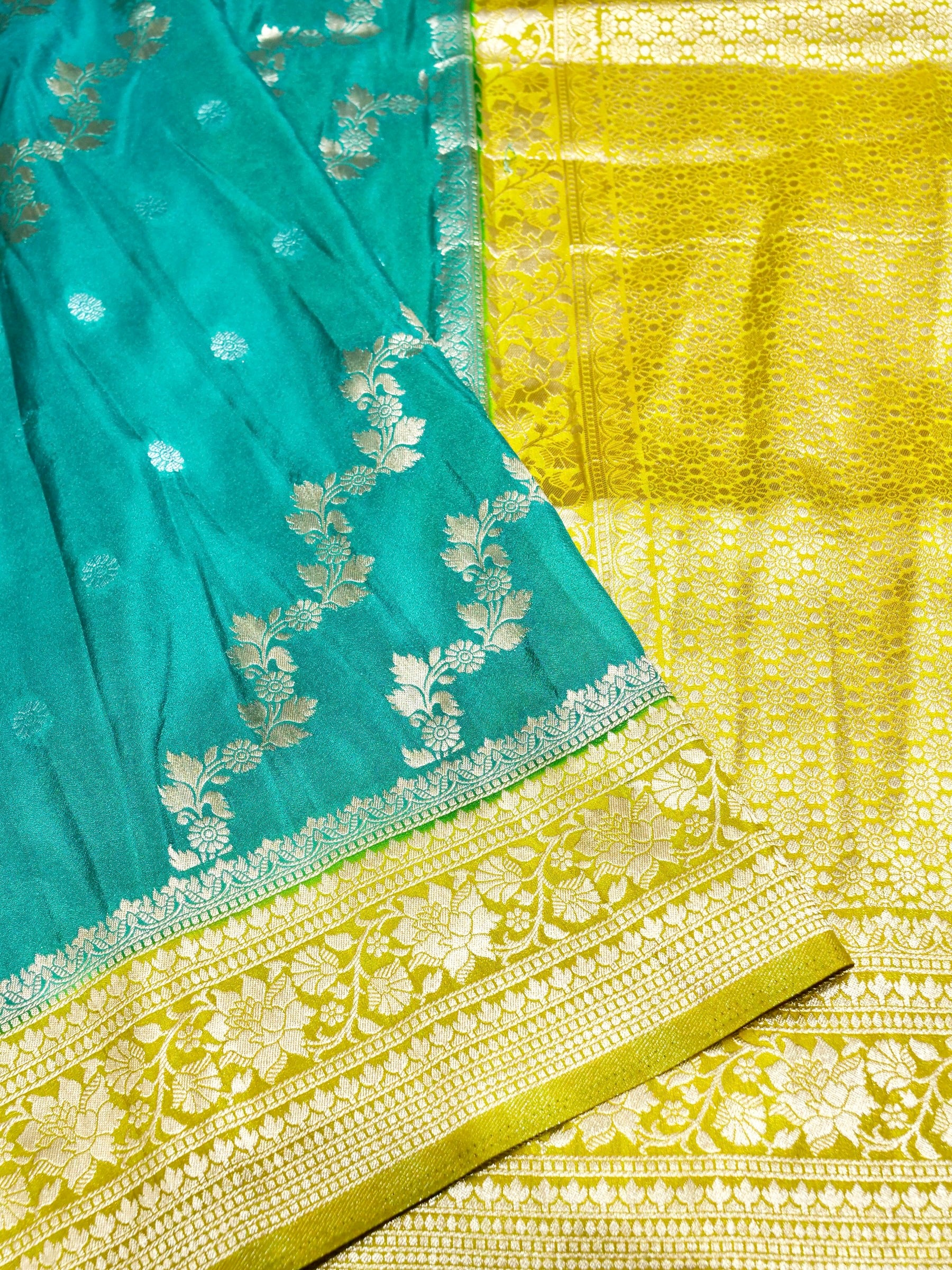 Peacock Teal Crepe Georgette Silk Saree with Olive Gold Border