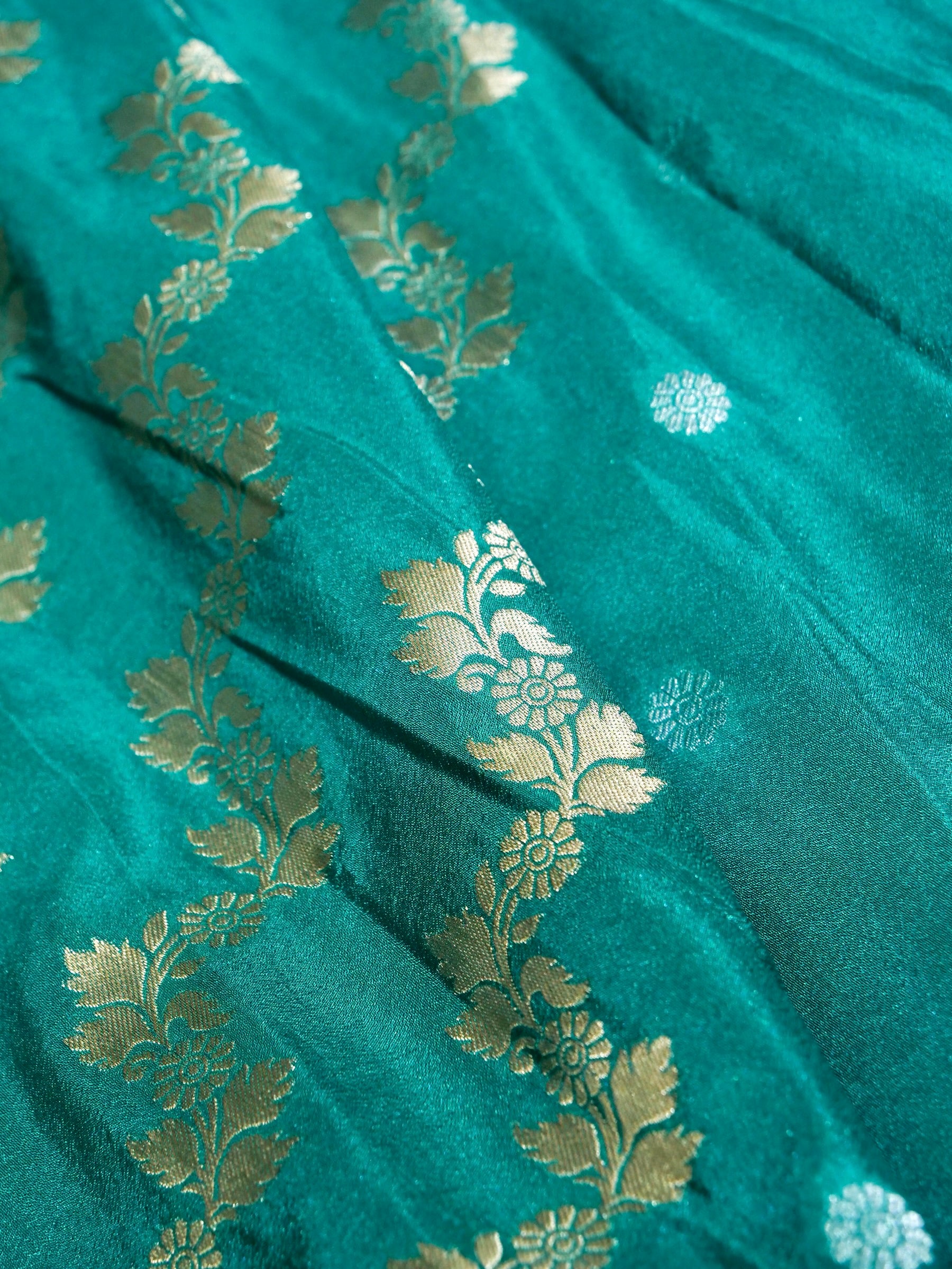 Peacock Teal Crepe Georgette Silk Saree with Olive Gold Border
