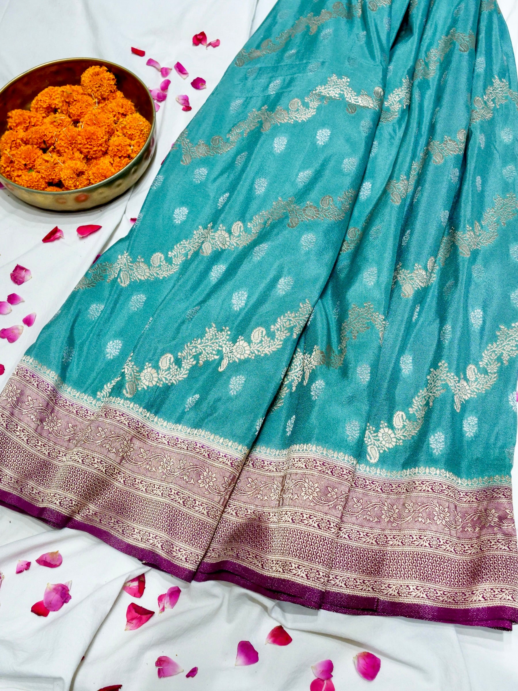 Robin Egg Blue Crepe Georgette Silk Saree with Magenta Purple Border