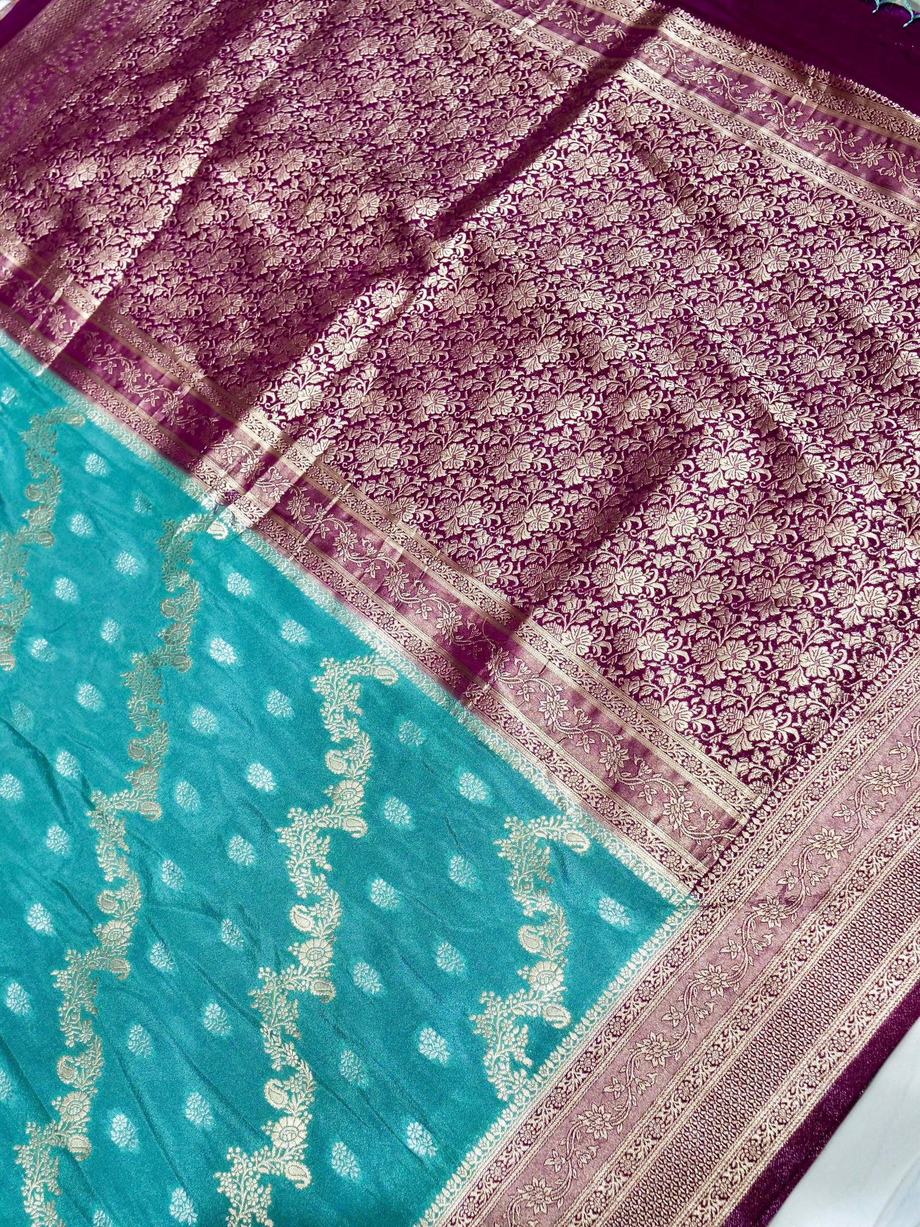 Robin Egg Blue Crepe Georgette Silk Saree with Magenta Purple Border