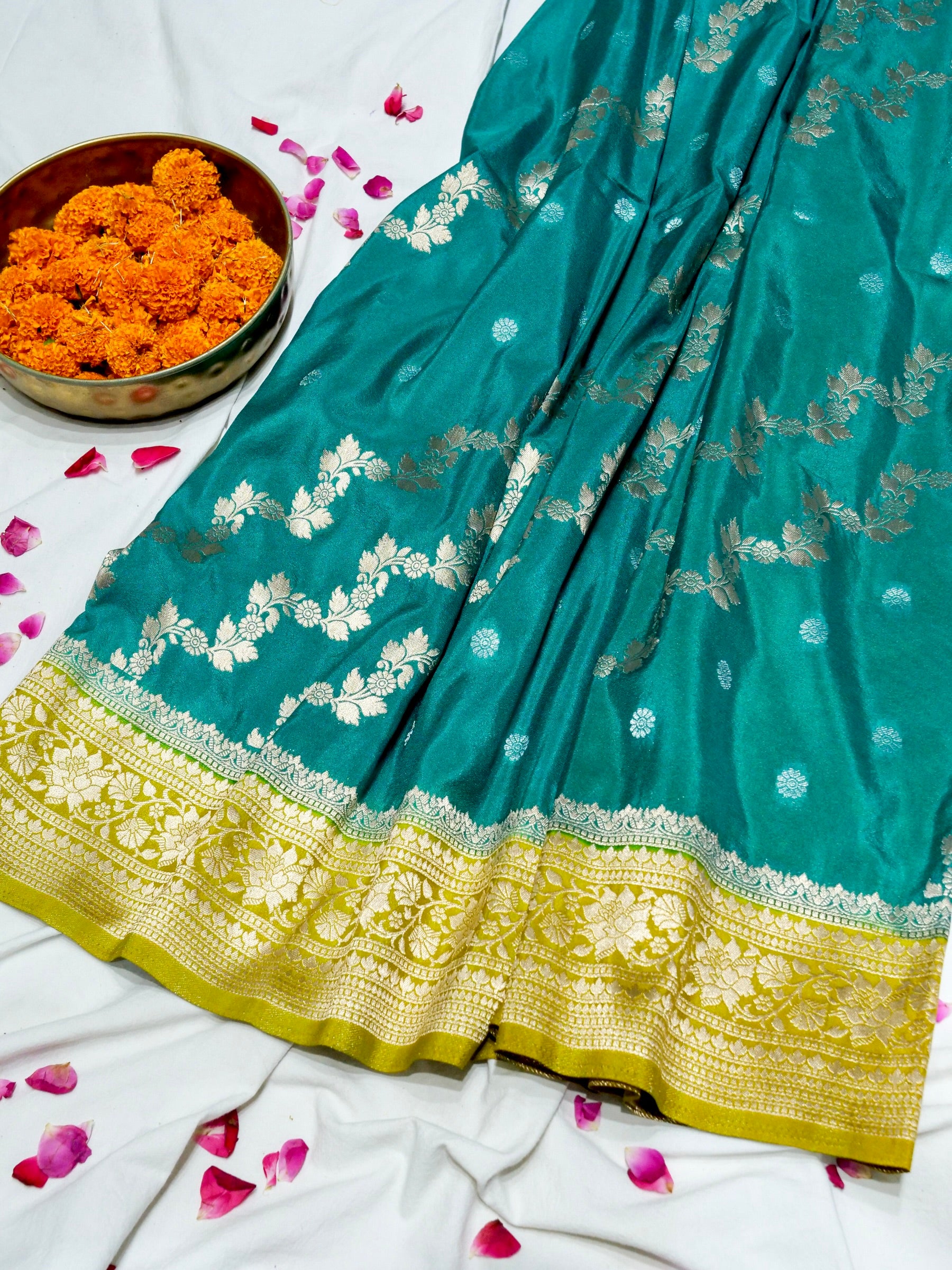 Peacock Teal Crepe Georgette Silk Saree with Olive Gold Border
