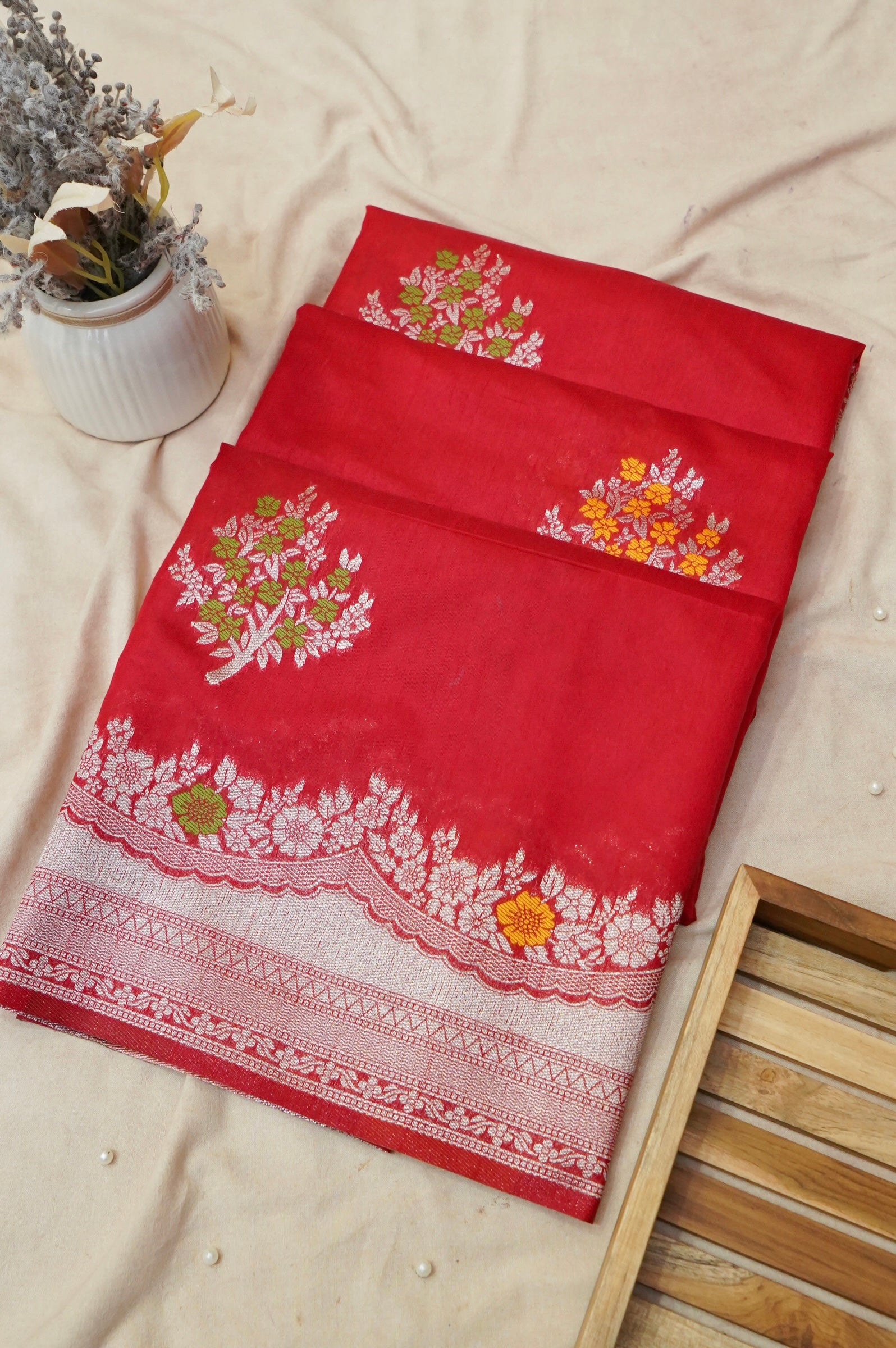 Royal Red Crepe Georgette Silk Saree with Gold Floral Border