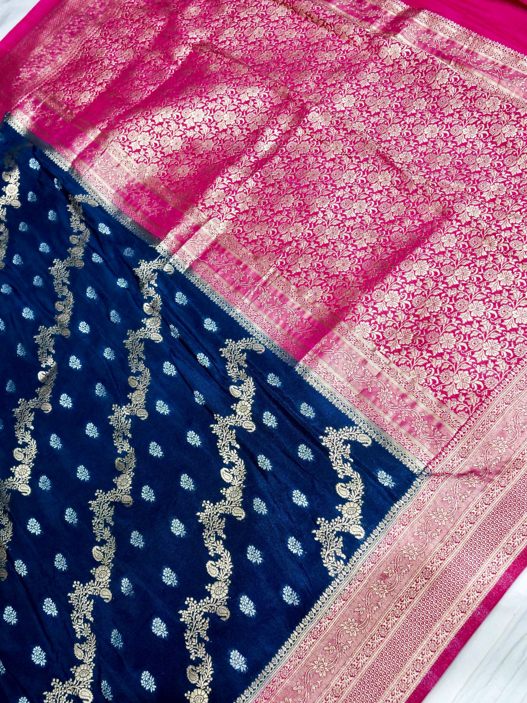 Deep Sapphire Blue Crepe Georgette Silk Saree with Hot Pink Border