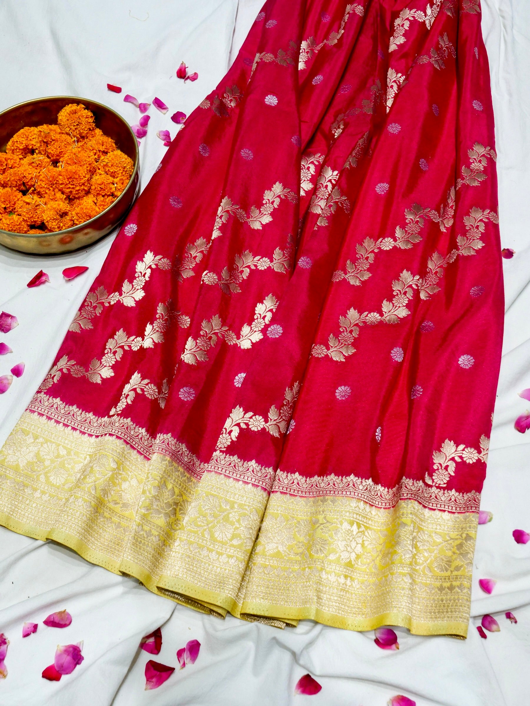 Hot Pink Crepe Georgette Silk Saree with Champagne Gold Border