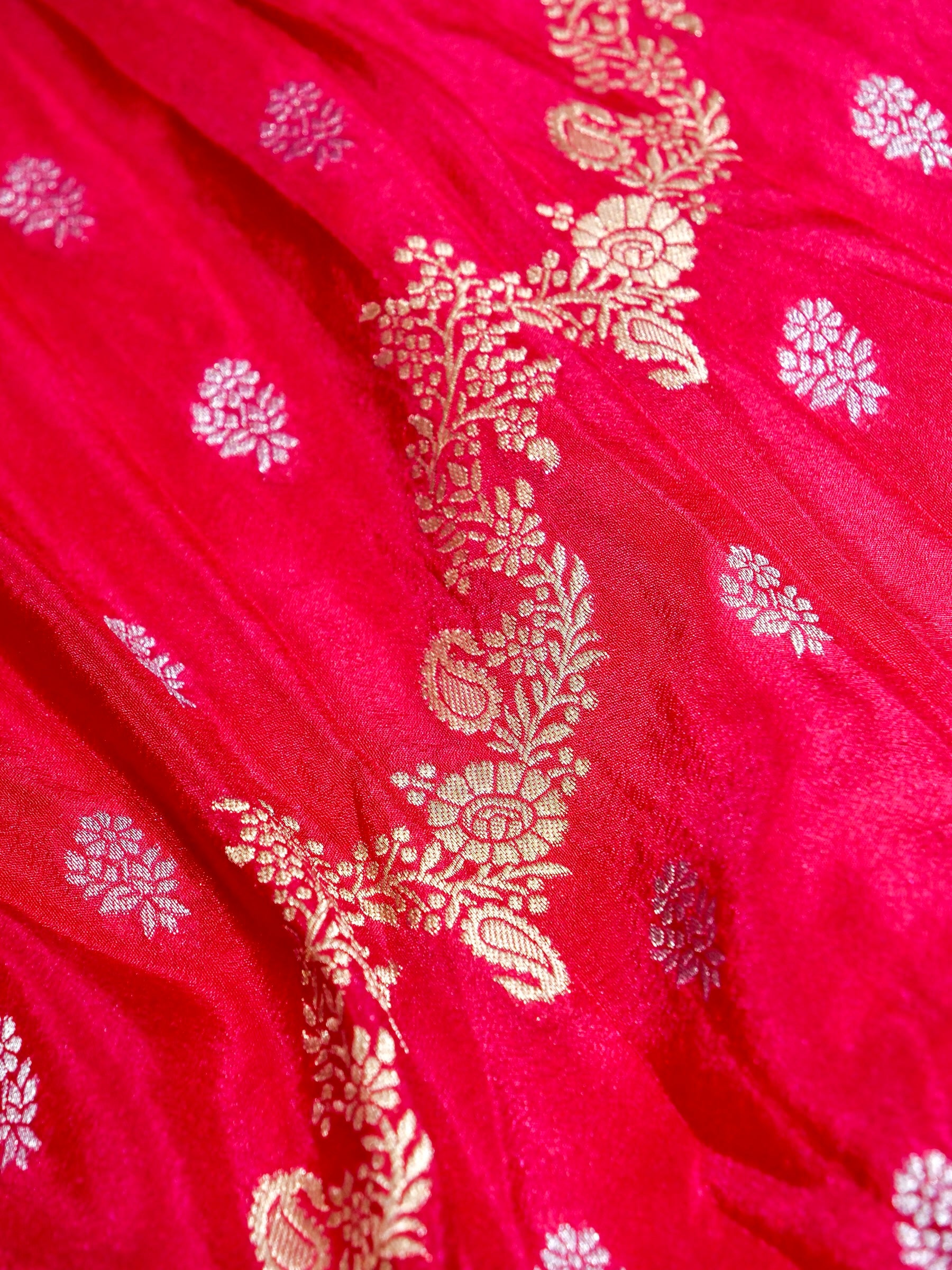 Rani Pink Crepe Georgette Silk Saree with Champagne Gold Border