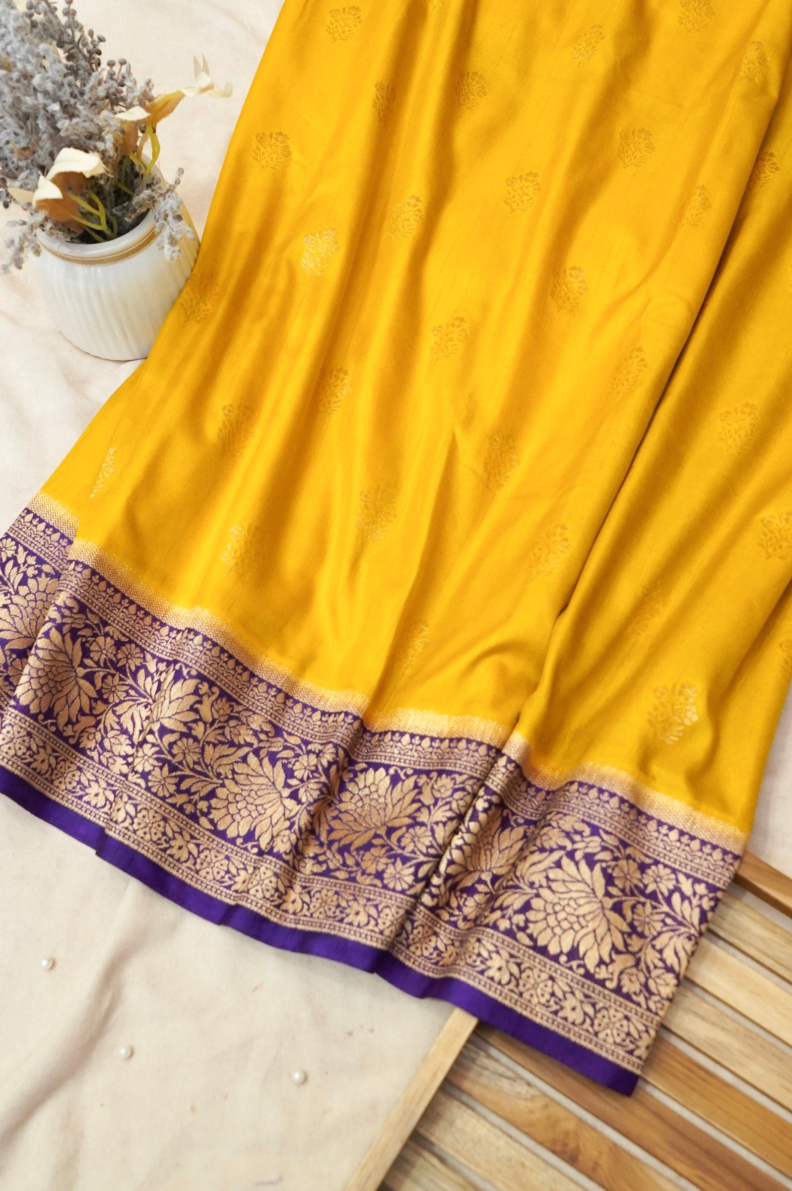 Mustard Yellow Dupion Patola with Purple Border & Heavy Gold Zari