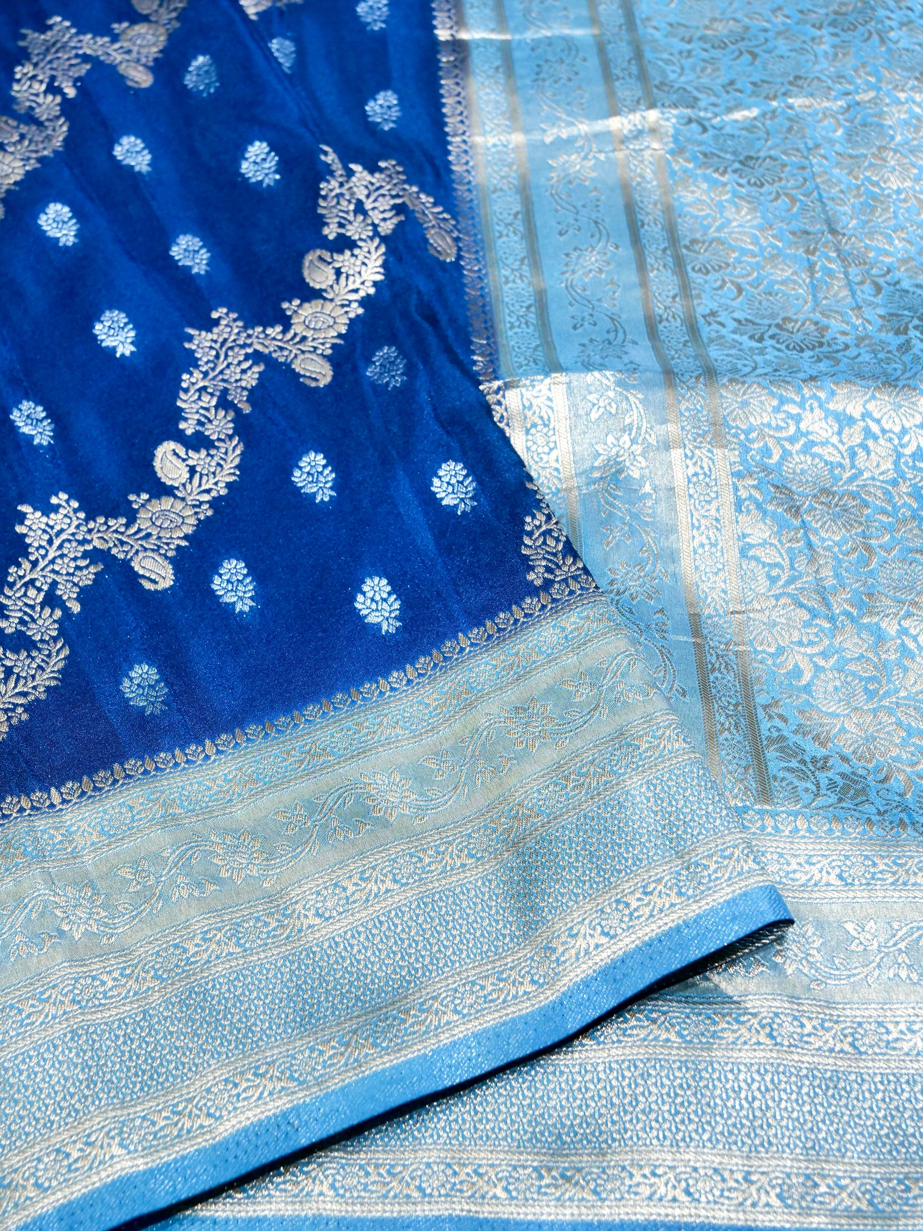 Royal Blue Crepe Georgette Silk Saree with Powder Blue and Champagne Gold Border