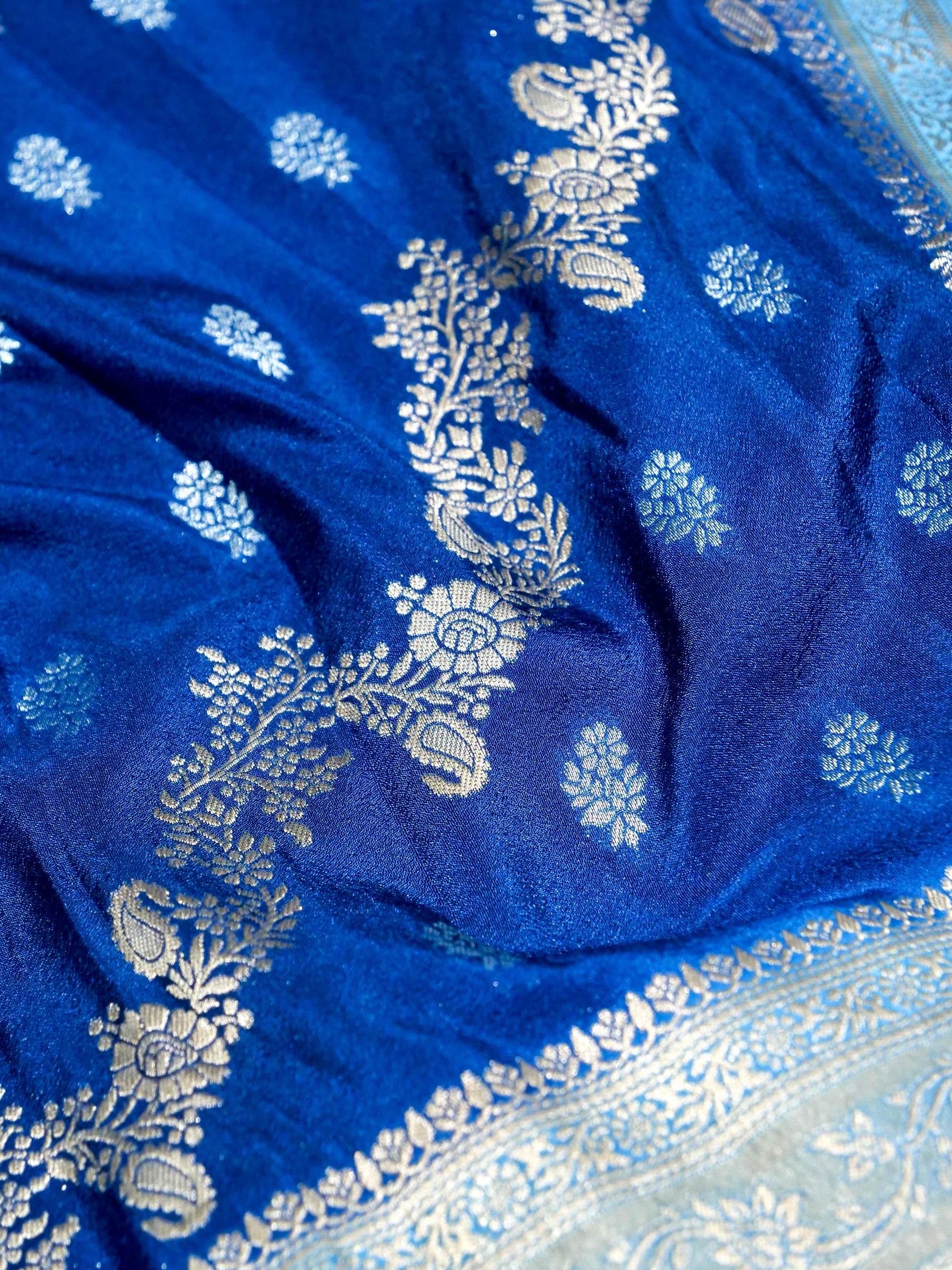 Royal Blue Crepe Georgette Silk Saree with Powder Blue and Champagne Gold Border